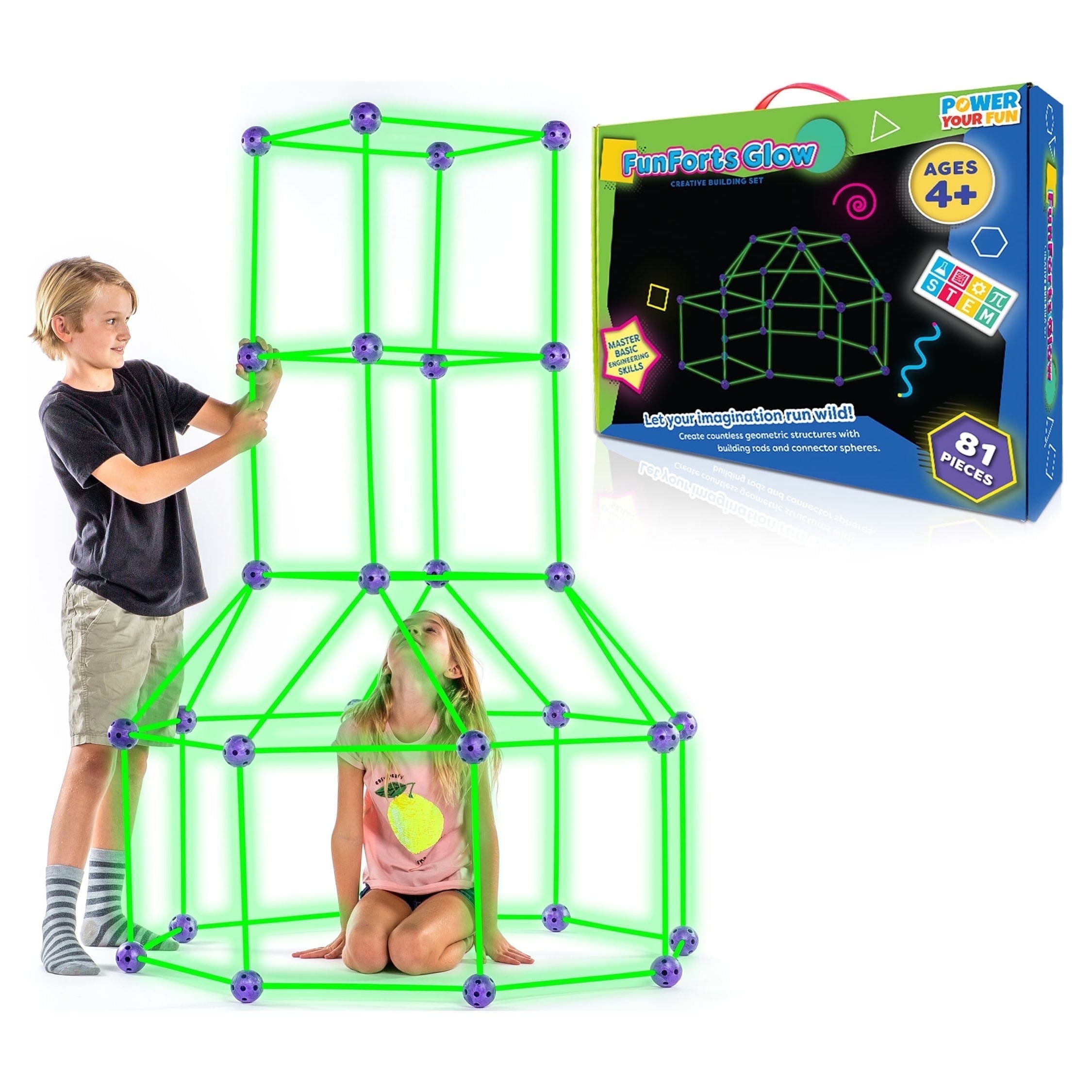 Power Your Fun Forts Construction Set, 81 Pieces Glow in the Dark Building Set, Kids Toy for Ages 4+