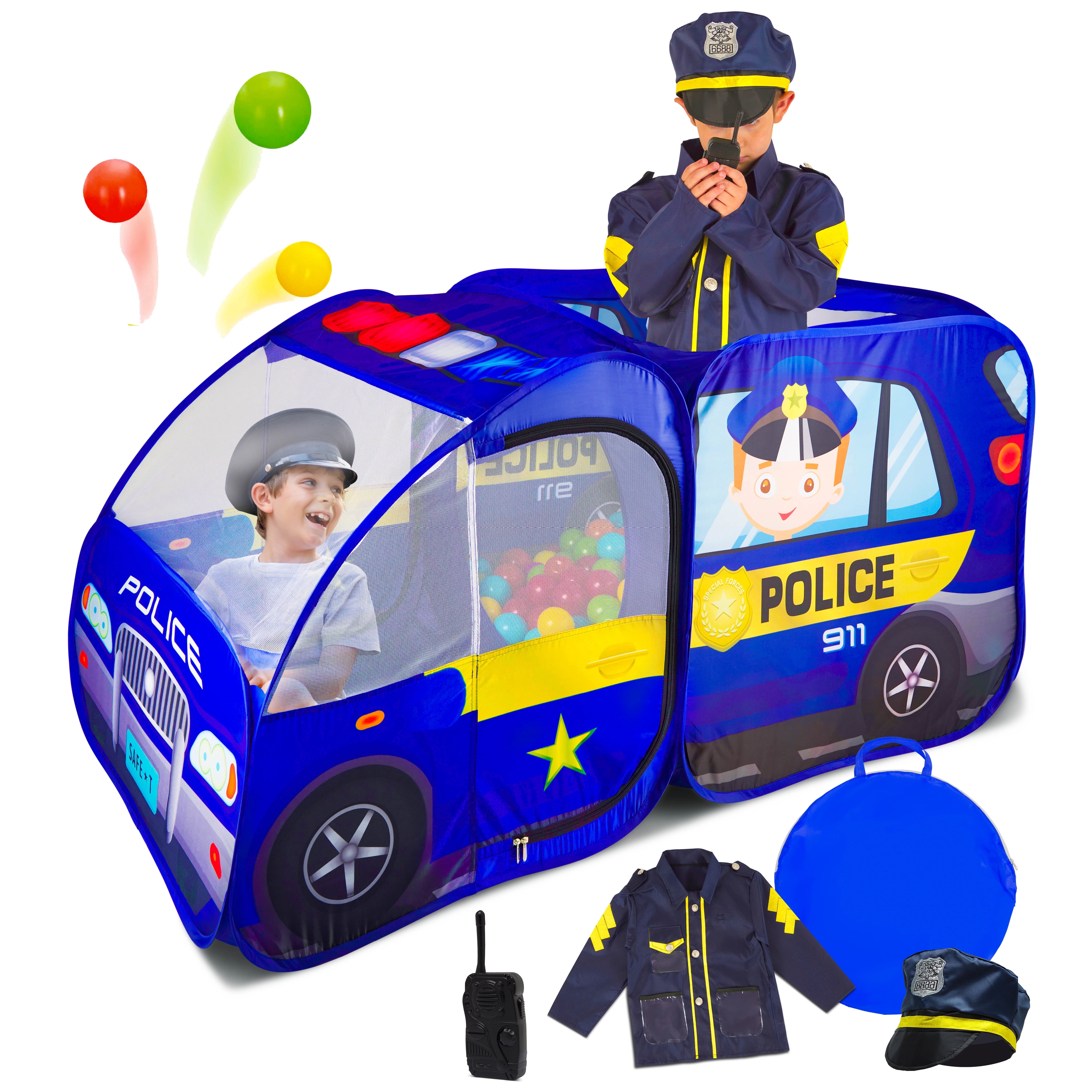 Police Car Toy Pop Up Play Tent with Policeman Officer Costume, Police Hat & Jacket with Radio for Kids, Baby, Toddlers, Boys, Girls
