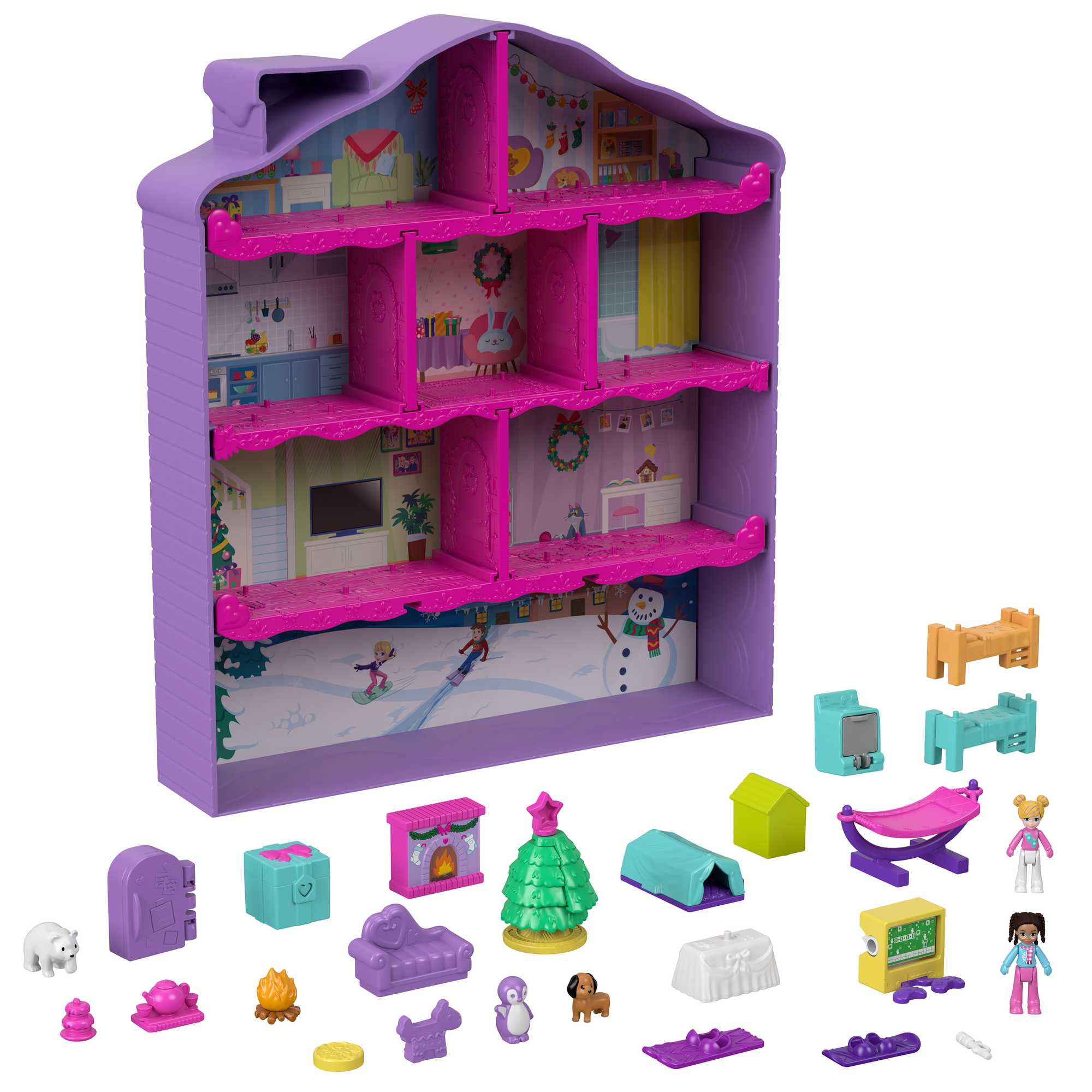 Polly Pocket Advent Calendar, 2 Micro Dolls, Winter Doll House Playset, 25 Surprises, Holiday Theme, Plastic