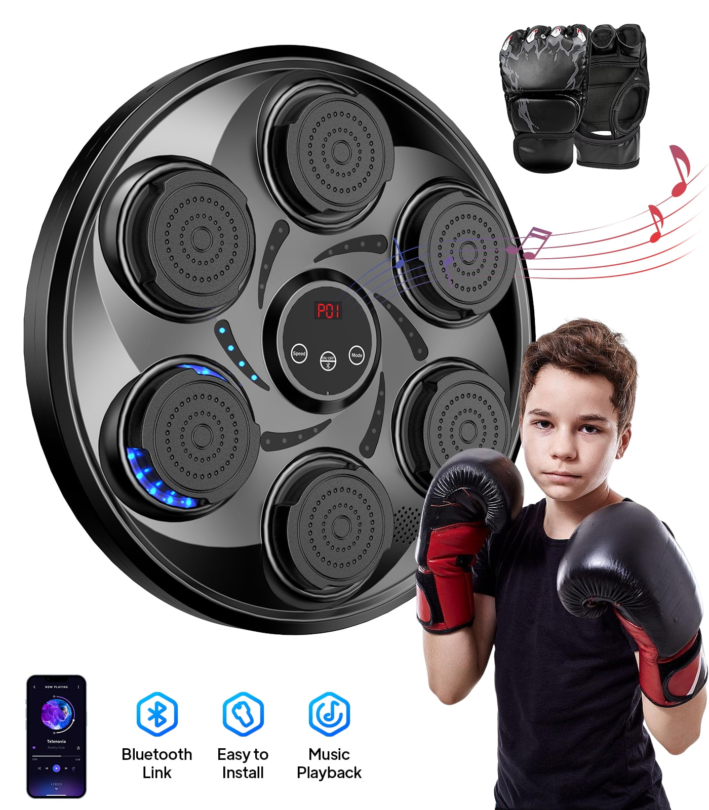 Pooboo Music Boxing Machine, Boxing Wall Mount Machine for Kids Adult, Bluetooth Smart Boxing Traineing Machine with Boxing Gloves, Boxing Workout Equipment Target for Home, Office, Gym (Upgrade)