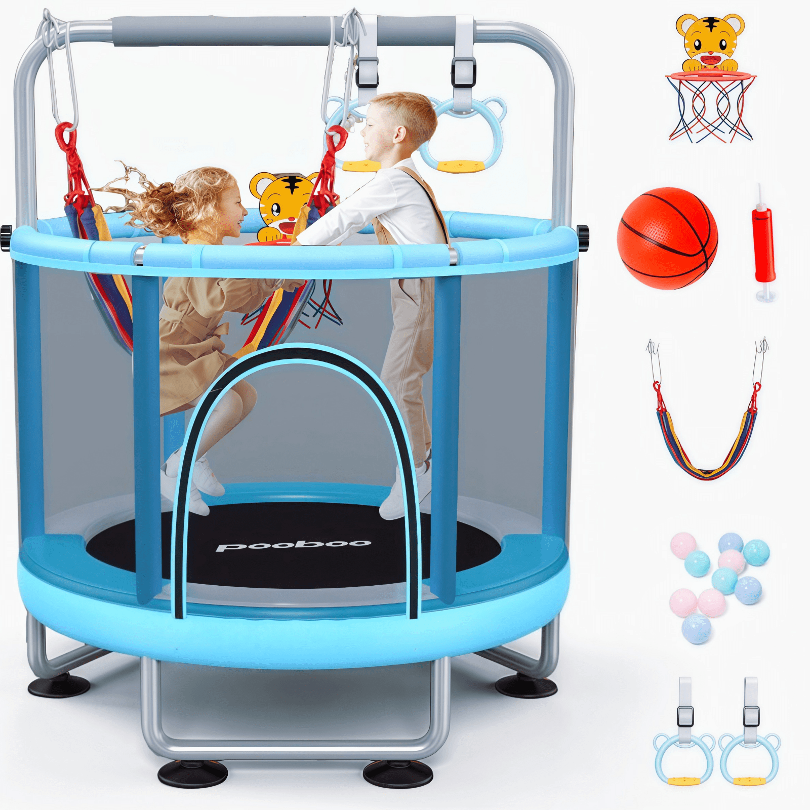 LNOW Mini Round Trampoline for Kids with Swing, 60'' Indoor Outdoor Toddler Small Trampoline with Enclosure Net, Basketball Hoop, Adjustable Gymnastics Bars, Ocean Balls, Gift for Boys Girls, 450lbs