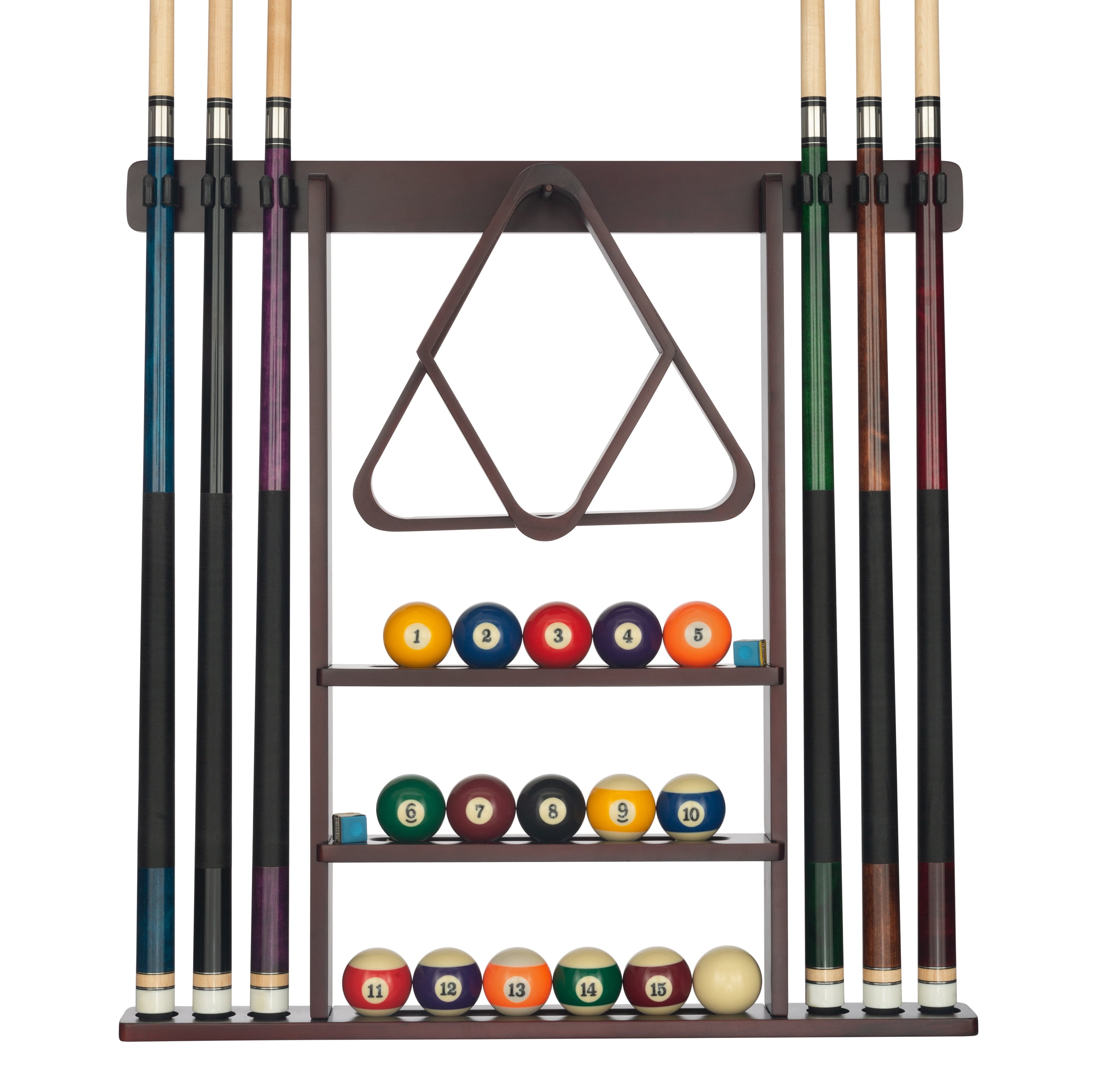 Pool Cue Rack - Pool Stick Holder Wall Mount With 16 Ball Holders & 6 Pack Of Chalk - Rubber Circle Pads & Large Clips Prevent Damage - Compact Billiard Table Accessories For Man Cave (Mahogany)