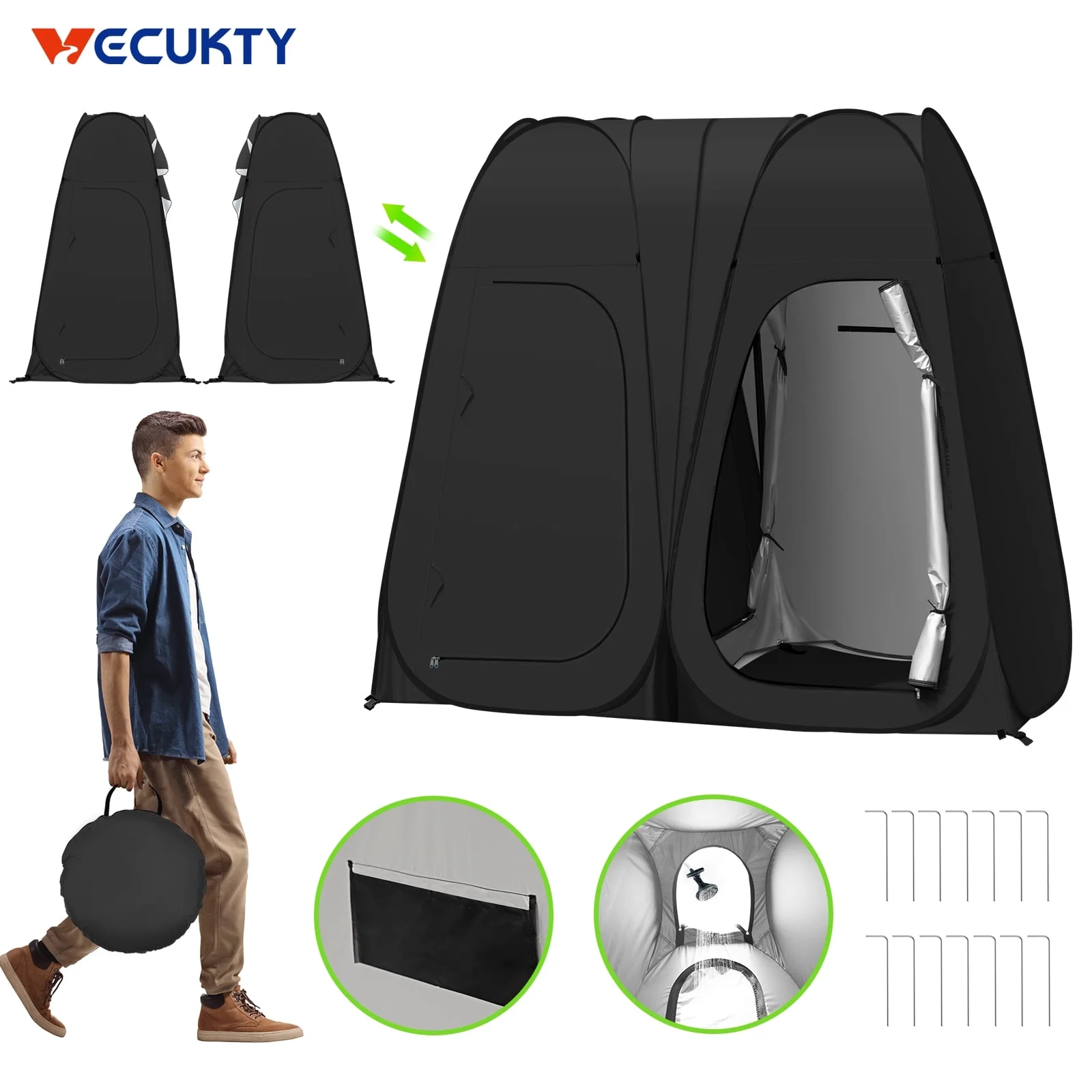 Pop Up Shower Tent, Vecukty 94.5x47.2x78.inch Upgrade Double Privacy Tent, Porta-Potty Tent,Black