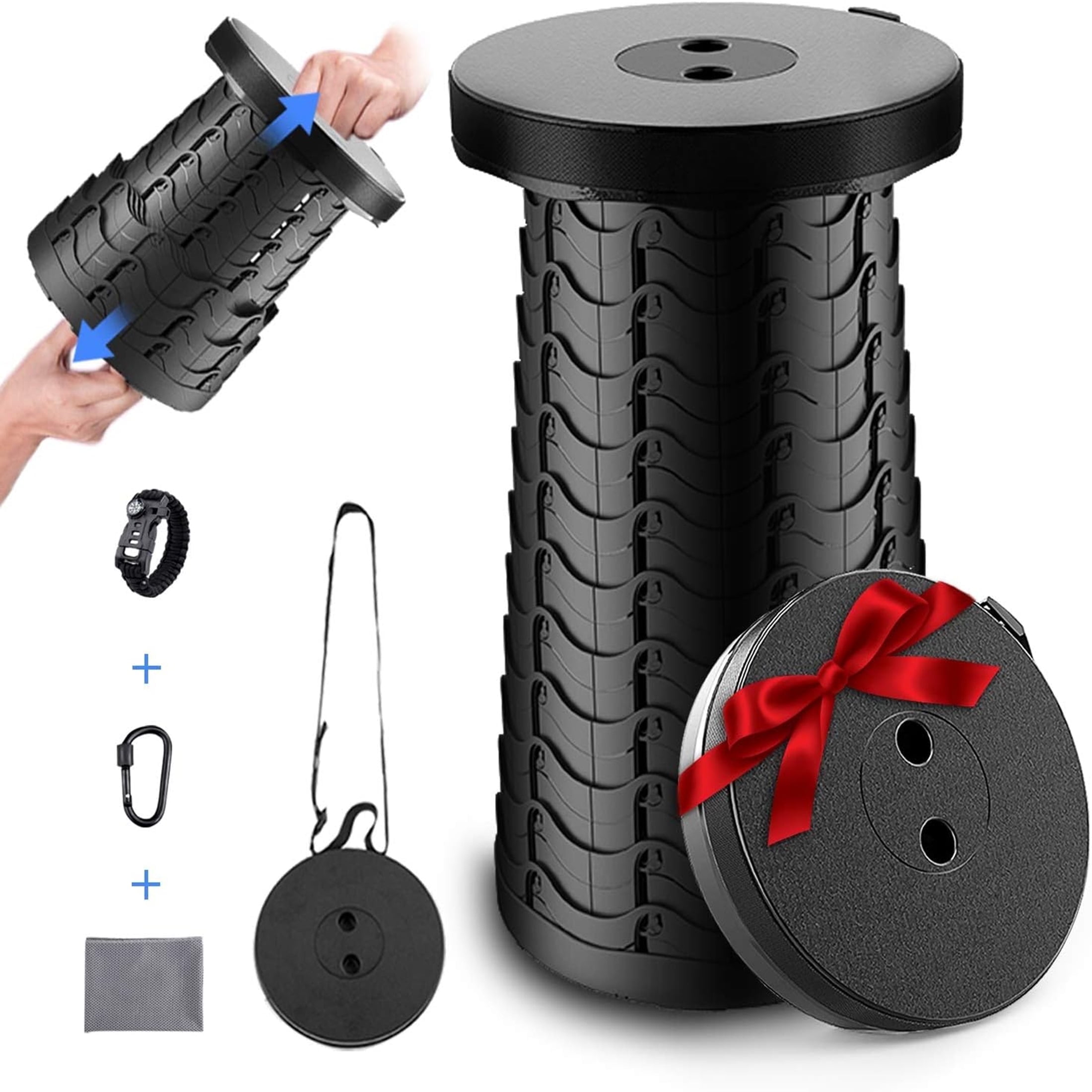 Portable Collapsible Stool, Adjustable Plastic Folding Stool, 400 lbs Capacity, Telescopic Seat for Camping, Hiking, Fishing, with Paracord Survival Bracelet, Carabiner & Cooling Towel