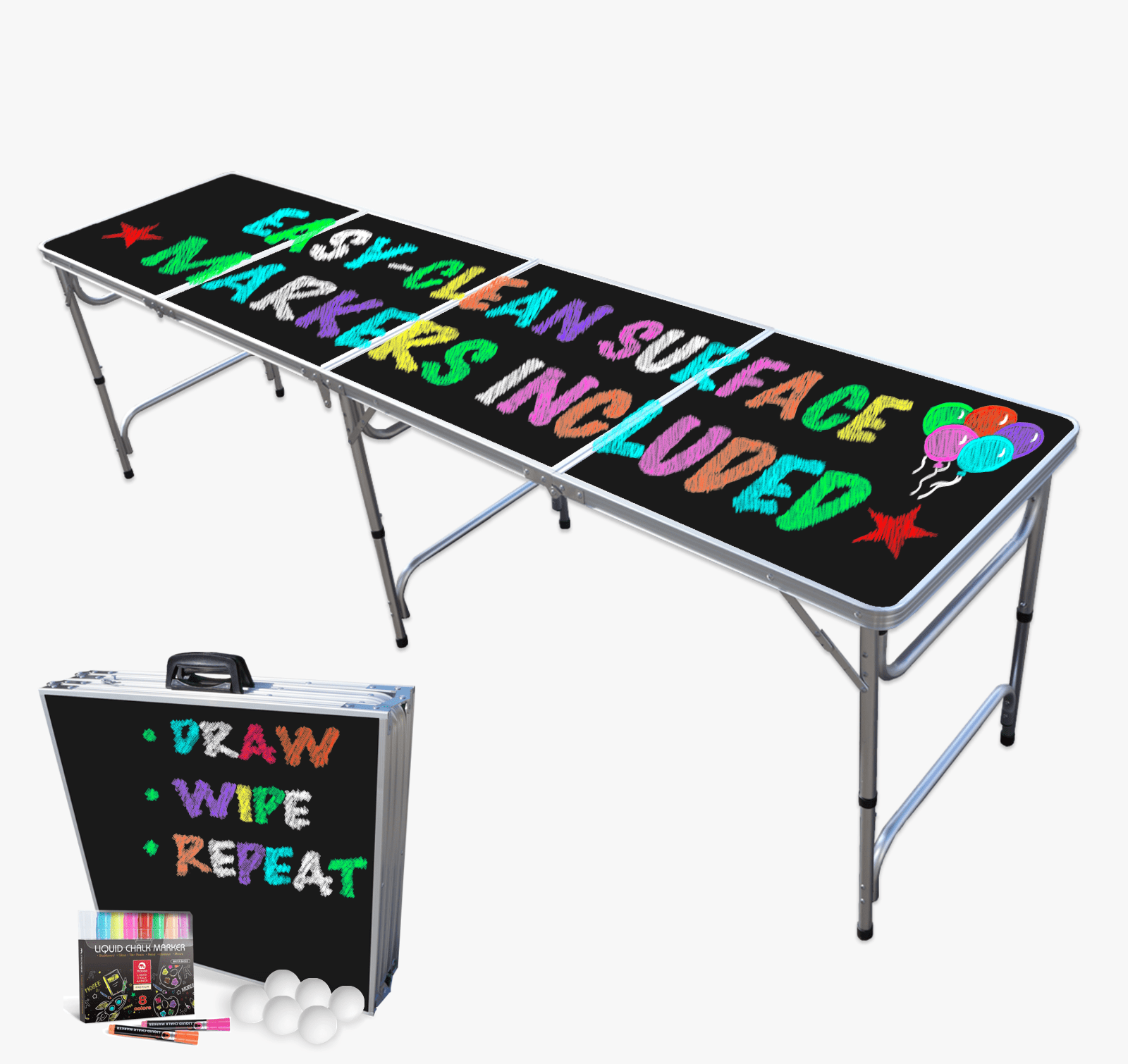Portable Folding Table with PARTY PONG Graphic - Adjustable Length 8 ft or 4 ft Kids and Adult Party Table