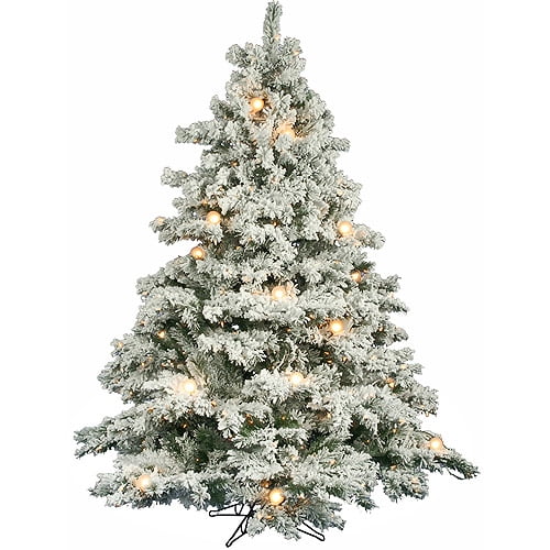 Pre-Lit 6.5' x 62" Alaskan Dura-Lit Artificial Christmas Tree, Flocked White on Green, Clear Lights