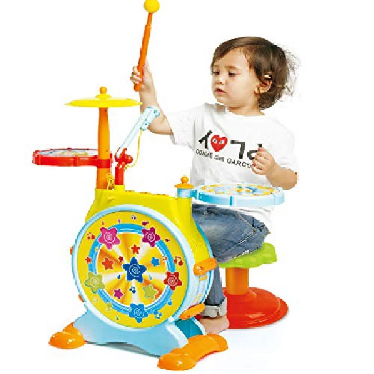 Prextex Kids Drum Set with Working Microphone, Lights, Adjustable Sound, Bass Drum, Pedal, Drum Sticks, and Little Chair for Babies Toddlers and Kids