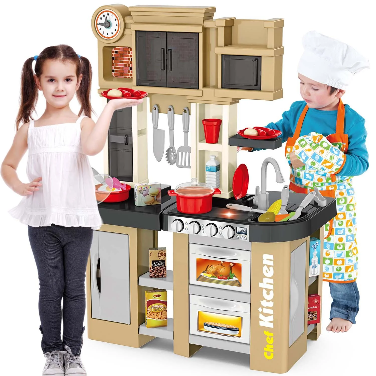 Pretend Kitchen Toys for Kids, Kitchen Set for Toddlers 1-8, Play Kitchen Accessories w/Real Water Sounds Light, for Boys, Girls