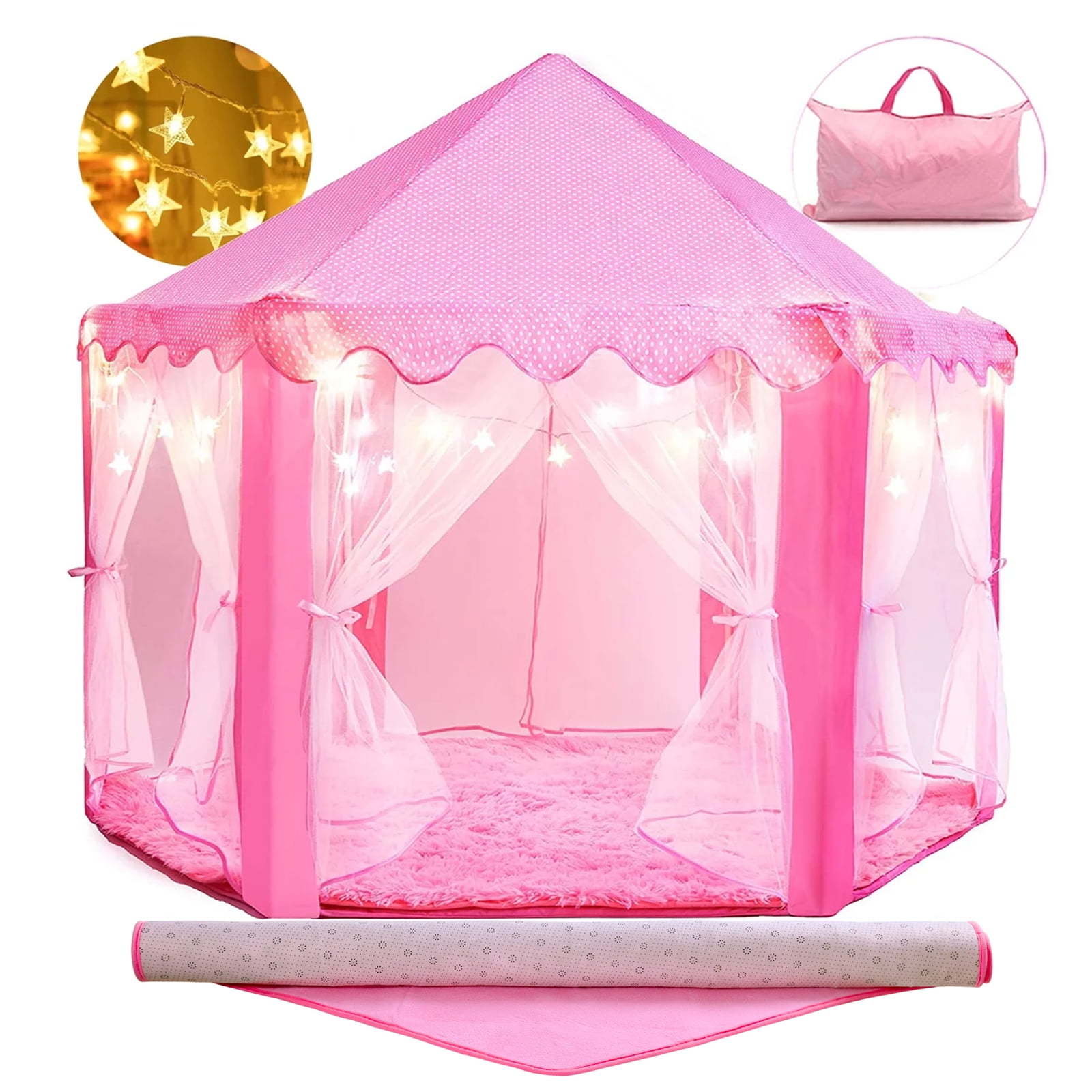 Princess Castle Play Tent Girls Kids Large Playhouse Toy Pink + Rug + Star Light