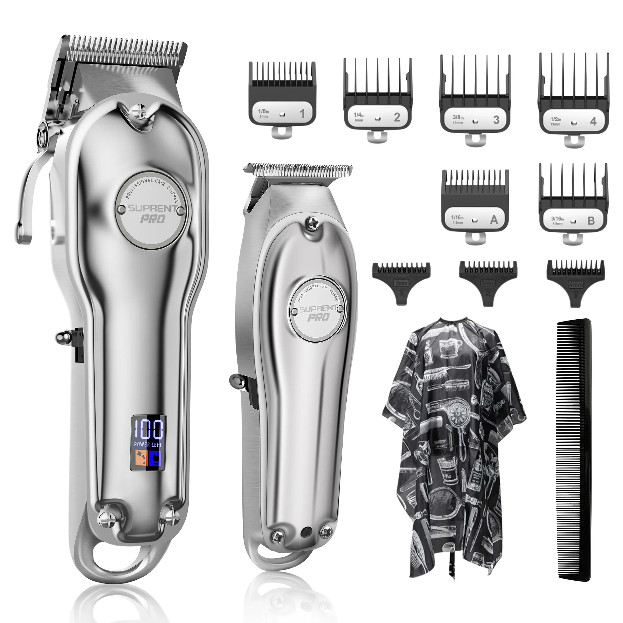 Professional Hair Clippers for Men, Hair Cutting Kit & Zero Gap T-Blade Trimmer Combo, Cordless Barber Clipper Set with LED Display (Silver)
