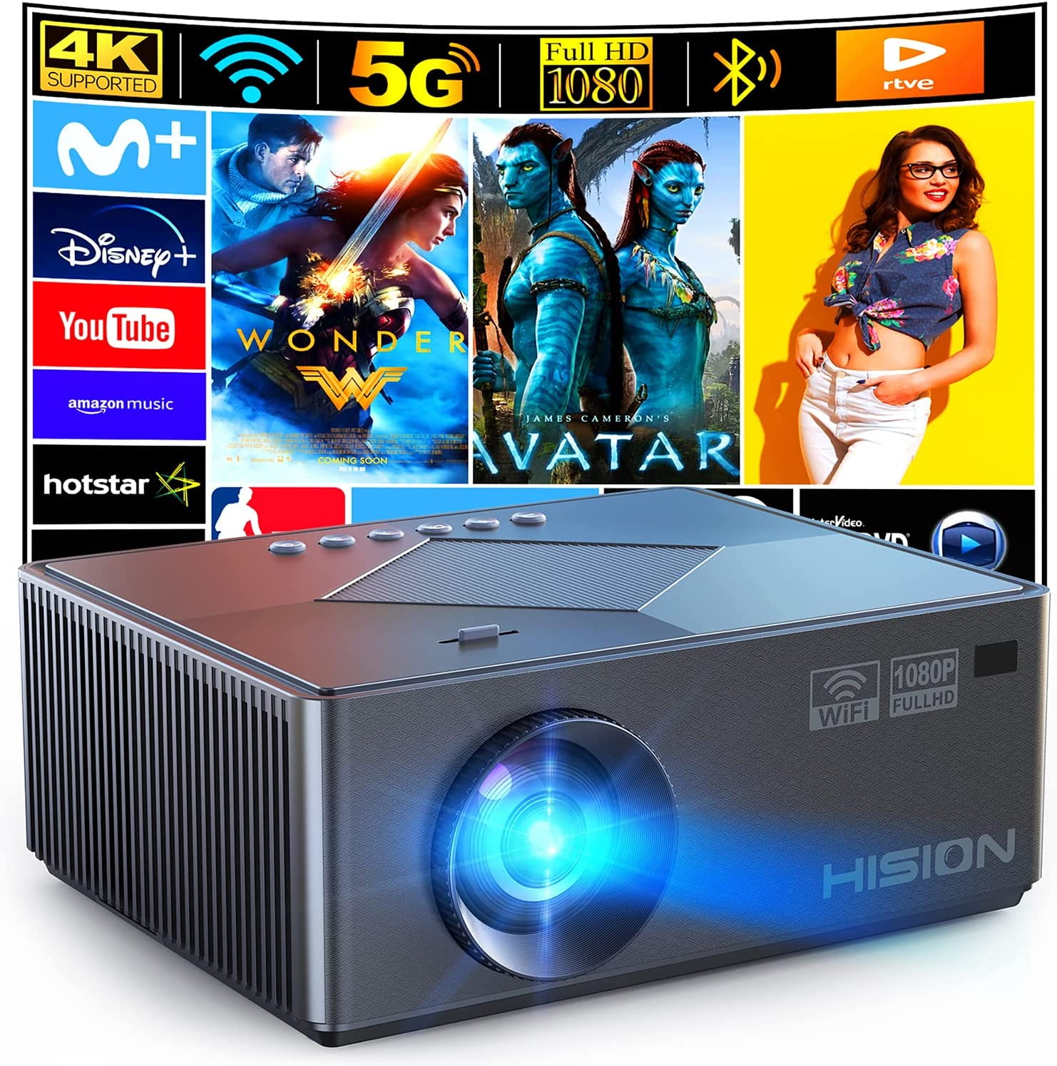 Projector with WiFi and Bluetooth, HISION 4K Supported Bluetooth Projectors for Outdoor or Indoor, 9000 Lumen Mini Portable Phone Movie Projector for Laptop, Smartphone, TV Stick, Xbox, PS5