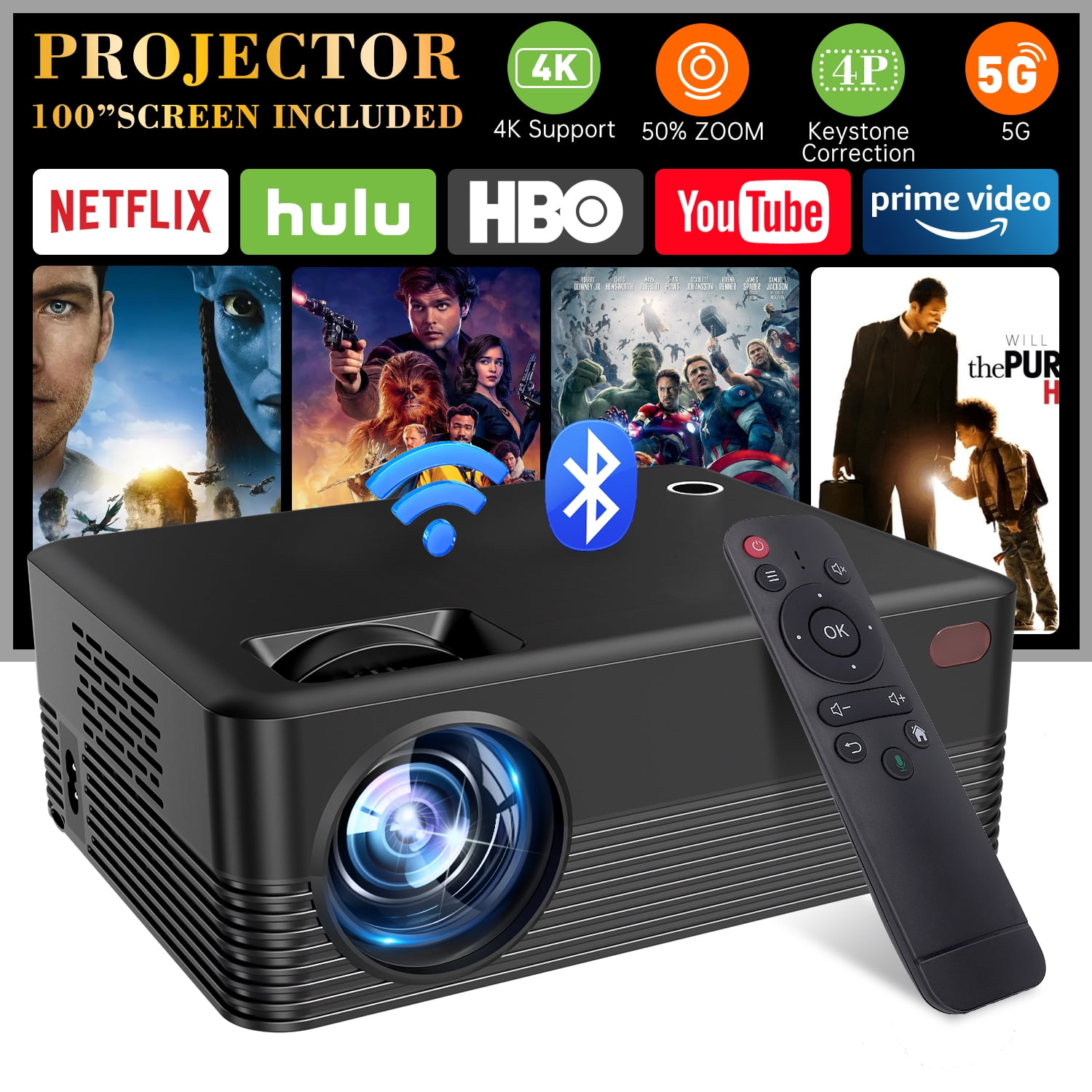 Projector with WiFi and Bluetooth, 2024 Upgrade Outdoor & Camping Projector, Mini Movie Projector Supports 1080P, Wireless & Wired Portable Projector for Home Entertainment & Camping Nights