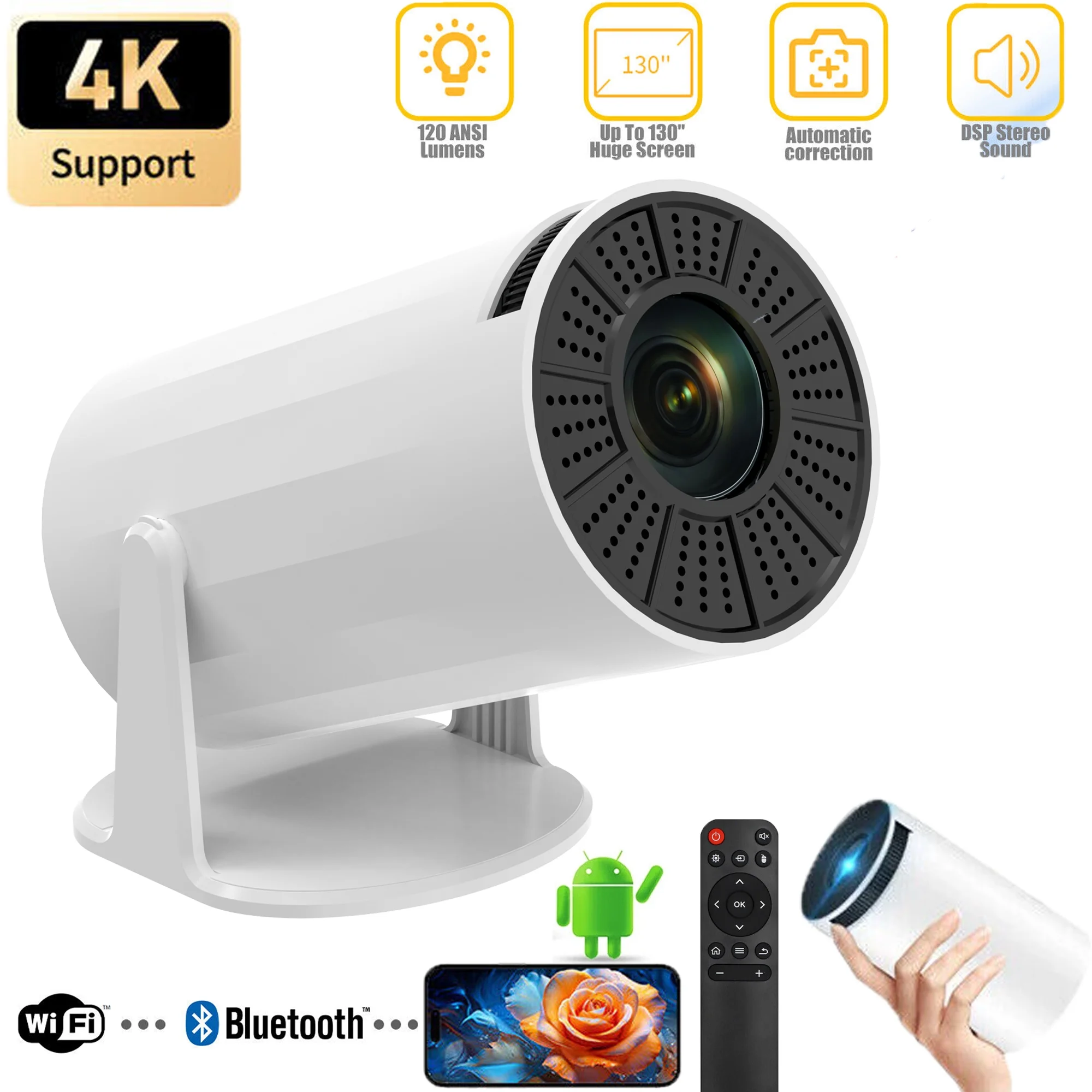 Projector with WiFi and Bluetooth 4K Mini Projector 1080P Full HD Portable Outdoor Movie Projector without Screen with Remote