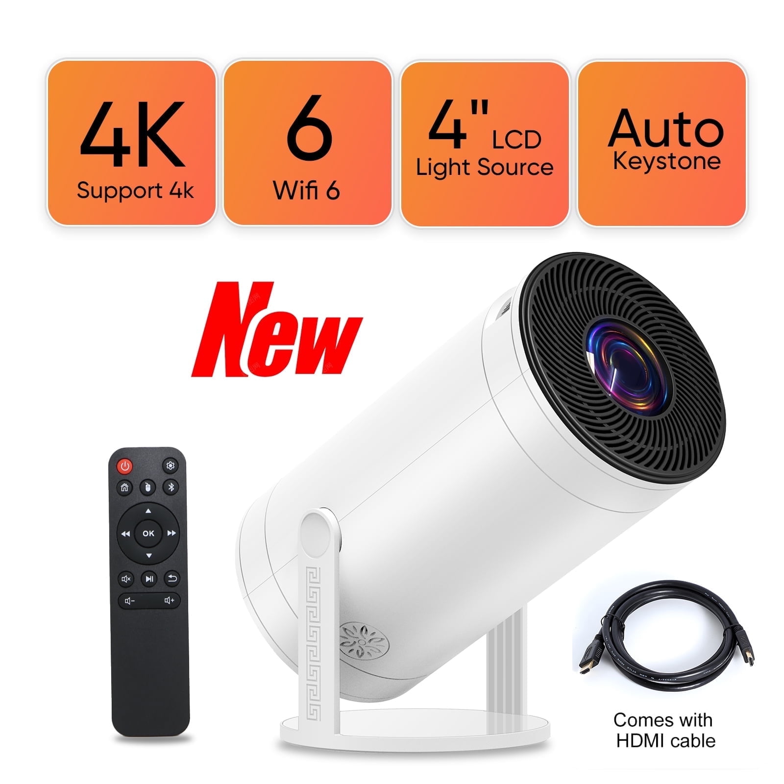 Android Smart Proyector with Wifi 6 and Bluetooth, Mini Portable 270° Rotatable Movie Projector, 1080P 4K Supported, 250 ANSI, 10000 LM, Auto Keystone Outdoor Projector, HDMI cable included