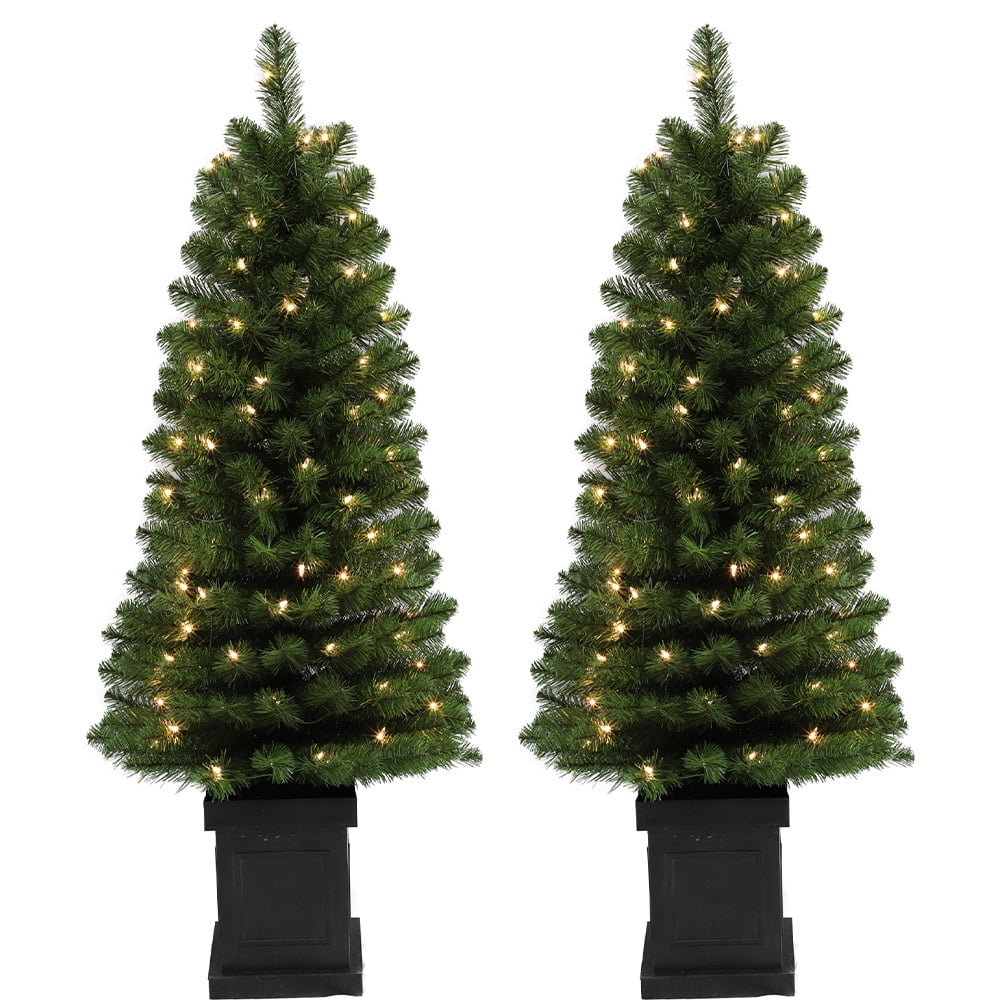 Puelo 4ft Prelit Canadian Douglas Fir Christmas Trees Set of Two, 100 Clear Lights, Indoor/Outdoor