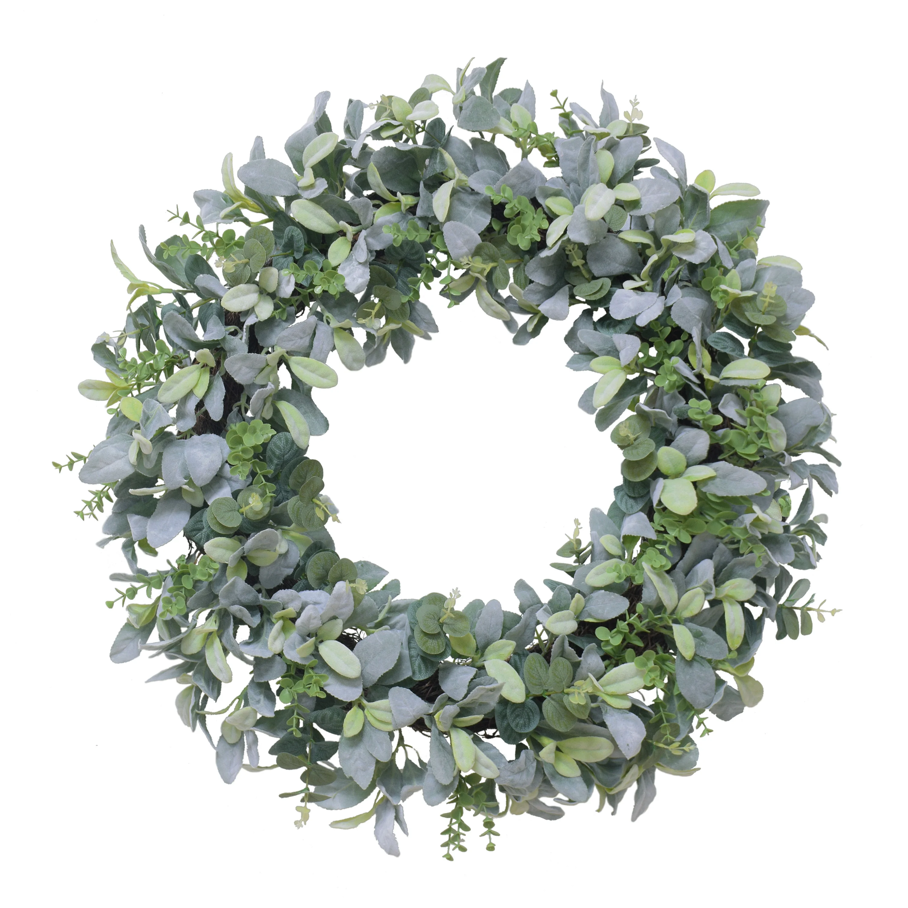 Puleo International 28" Artificial Flocked Lambs Ear Spring Door Wreath, Green/Gray