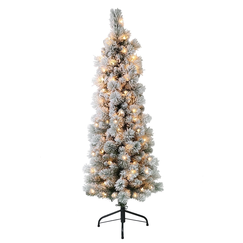 Puleo International 4.5 ft. Pre-Lit Flocked Portland Pine Pencil Artificial Christmas Tree
