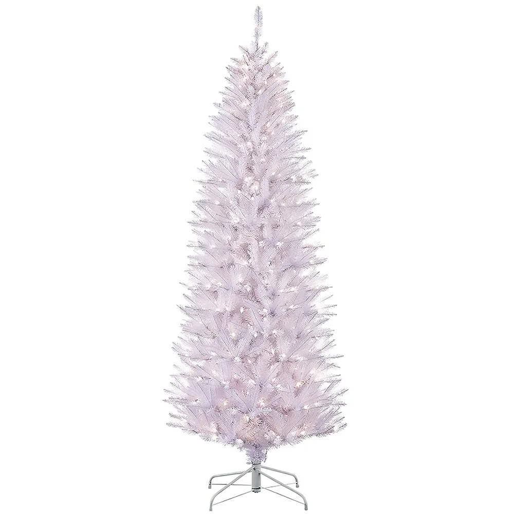 Puleo International 7.5 ft Pre-Lit White Pencil Fraser Fir Artificial Christmas Tree with 350 UL-Listed Clear Lights