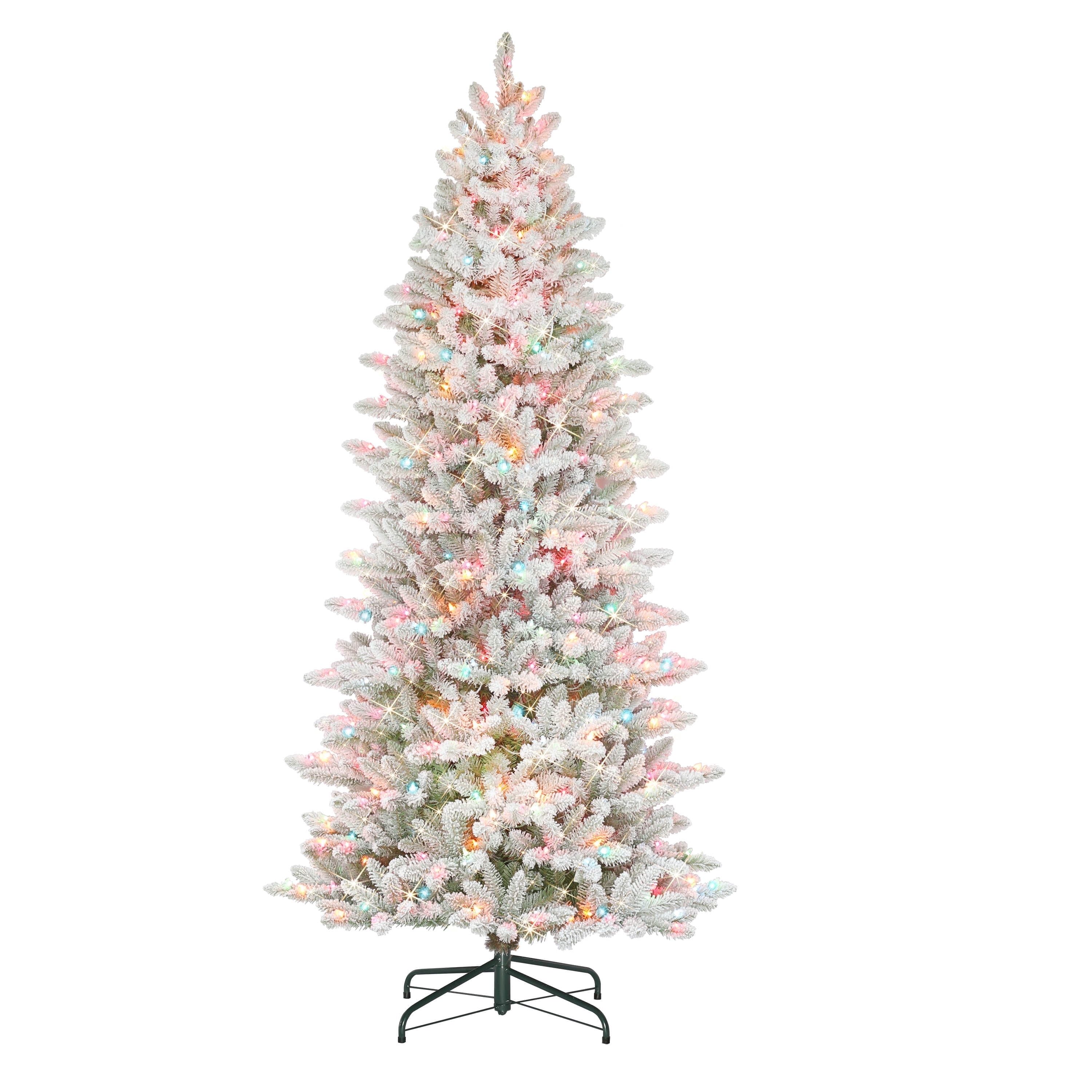 Puleo International 7.5' Pre-Lit Slim Flocked Fraser Fir Artifical Christmas Tree with 500 UL-Listed Multi-Color Incandescent Lights