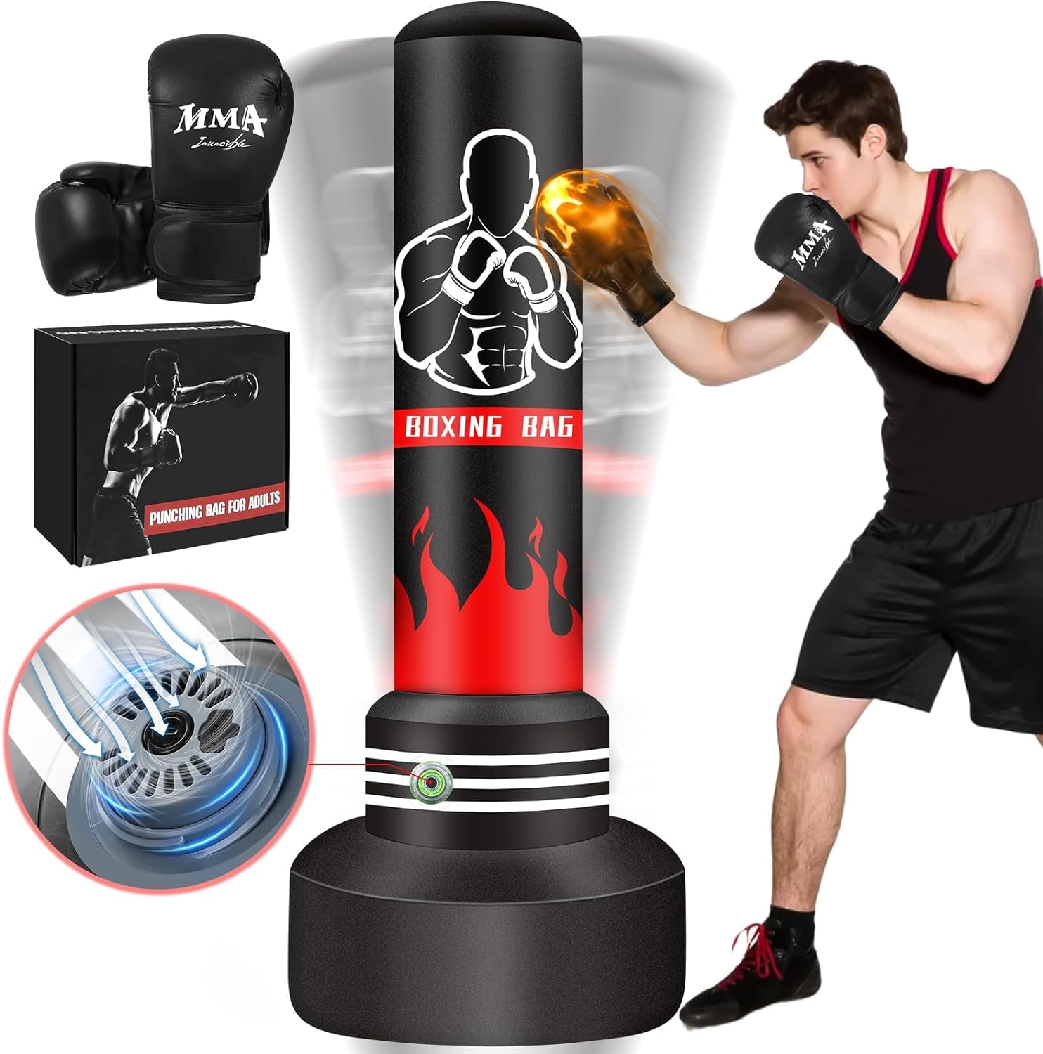 Punching Bag with Stand Adult Freestanding Heavy Boxing Punching Bag with Boxing Gloves and Electric Air Pump for Adult Youth, Men Stand Kickboxing Bags