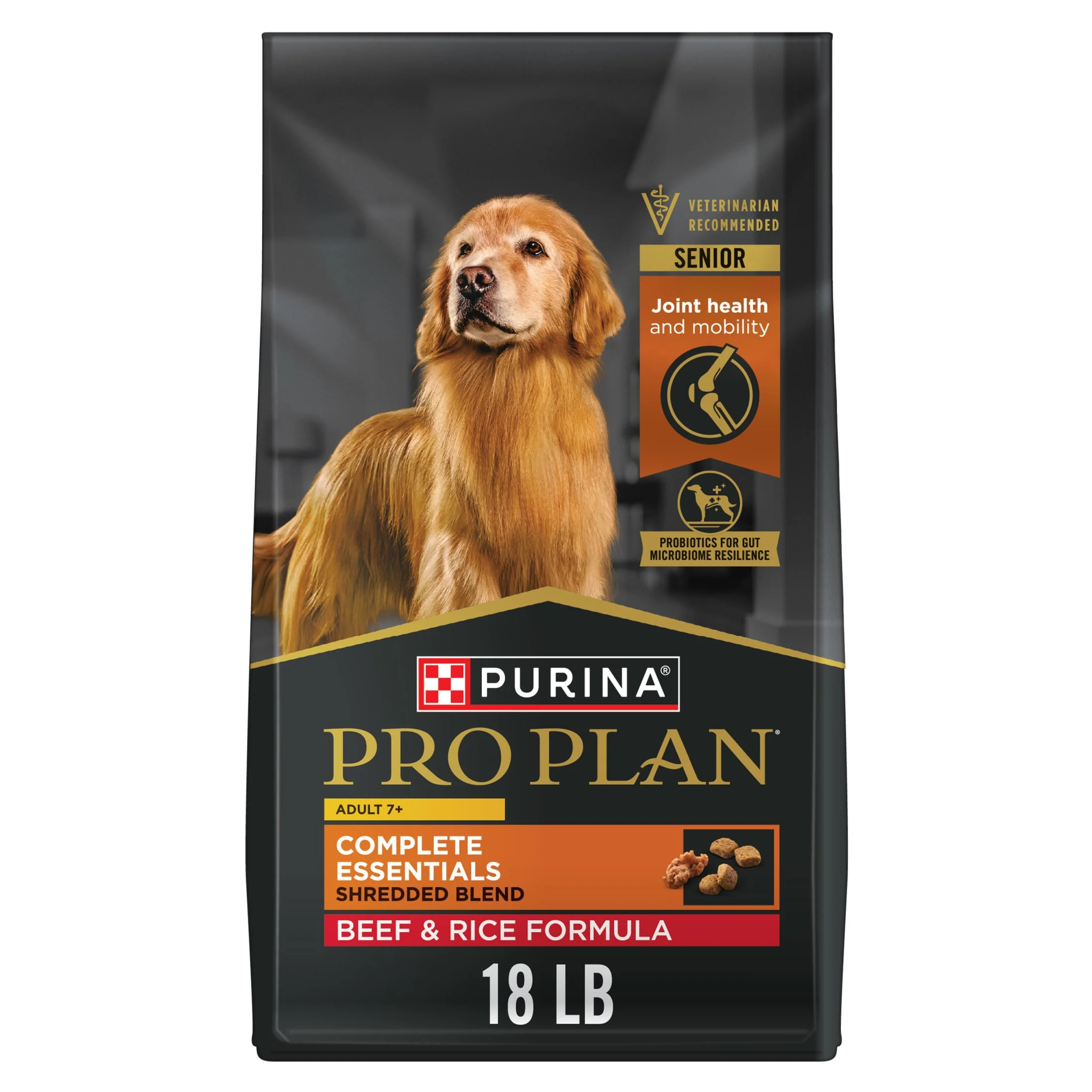 Purina Pro Plan Adult 7 Plus Complete Essentials Shredded Blend Beef and Rice Formula High Protein Dog Food for Senior Dogs, 18 lb Bag