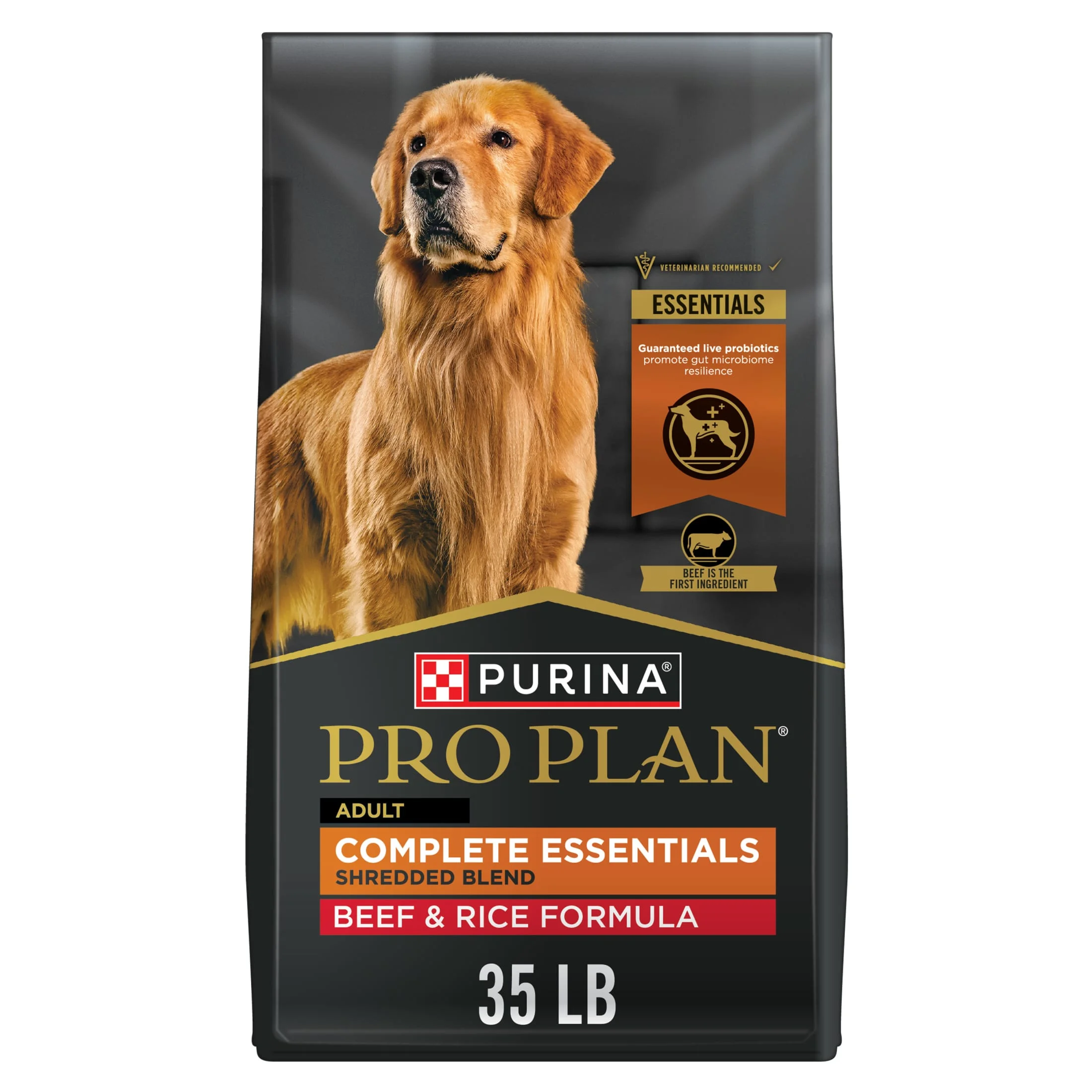 Purina Pro Plan Complete Essentials Shredded Blend Beef and Rice Dry Dog Food Formula with Probiotics for Dogs, 35 lb Bag