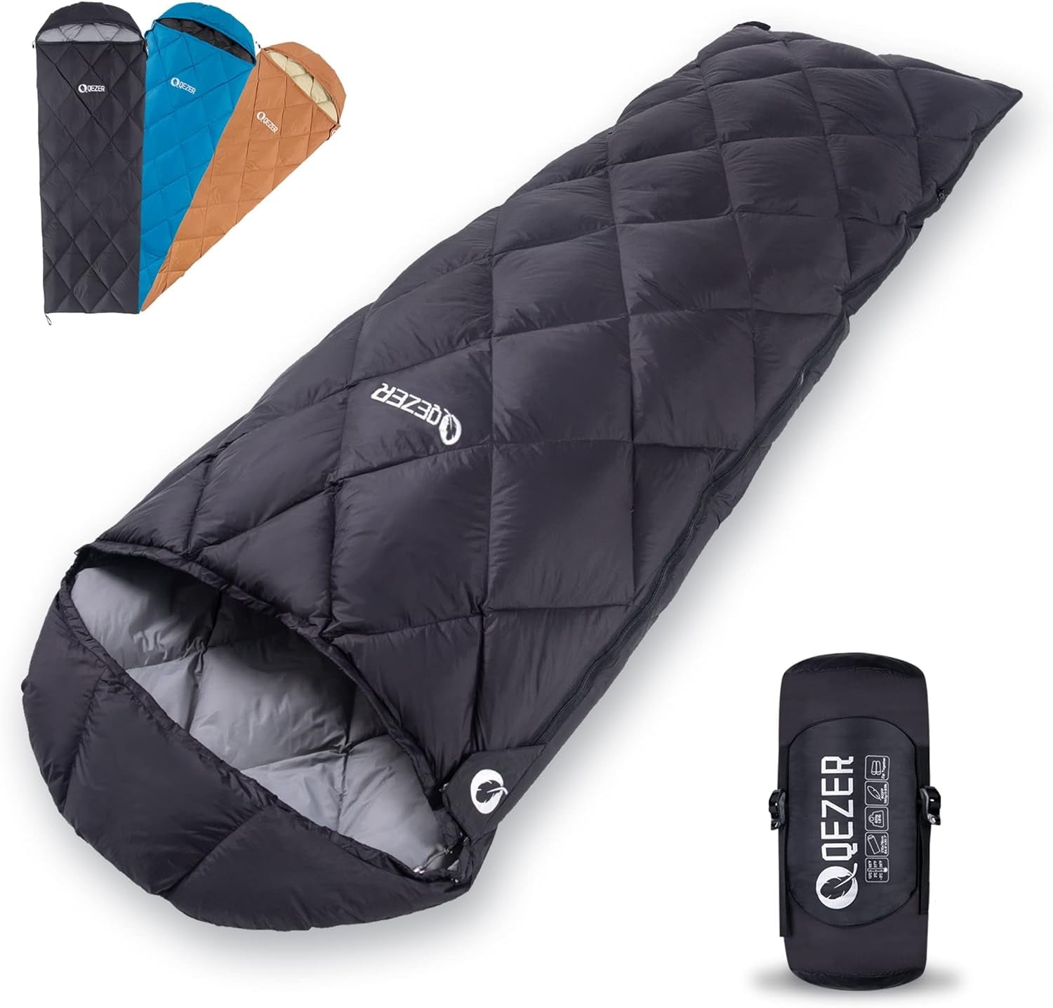QEZER Ultralight Down Sleeping Bag for Adults, Teens, 40-61℉ 600 Fill Power Backpacking with Compression Sack(Black)