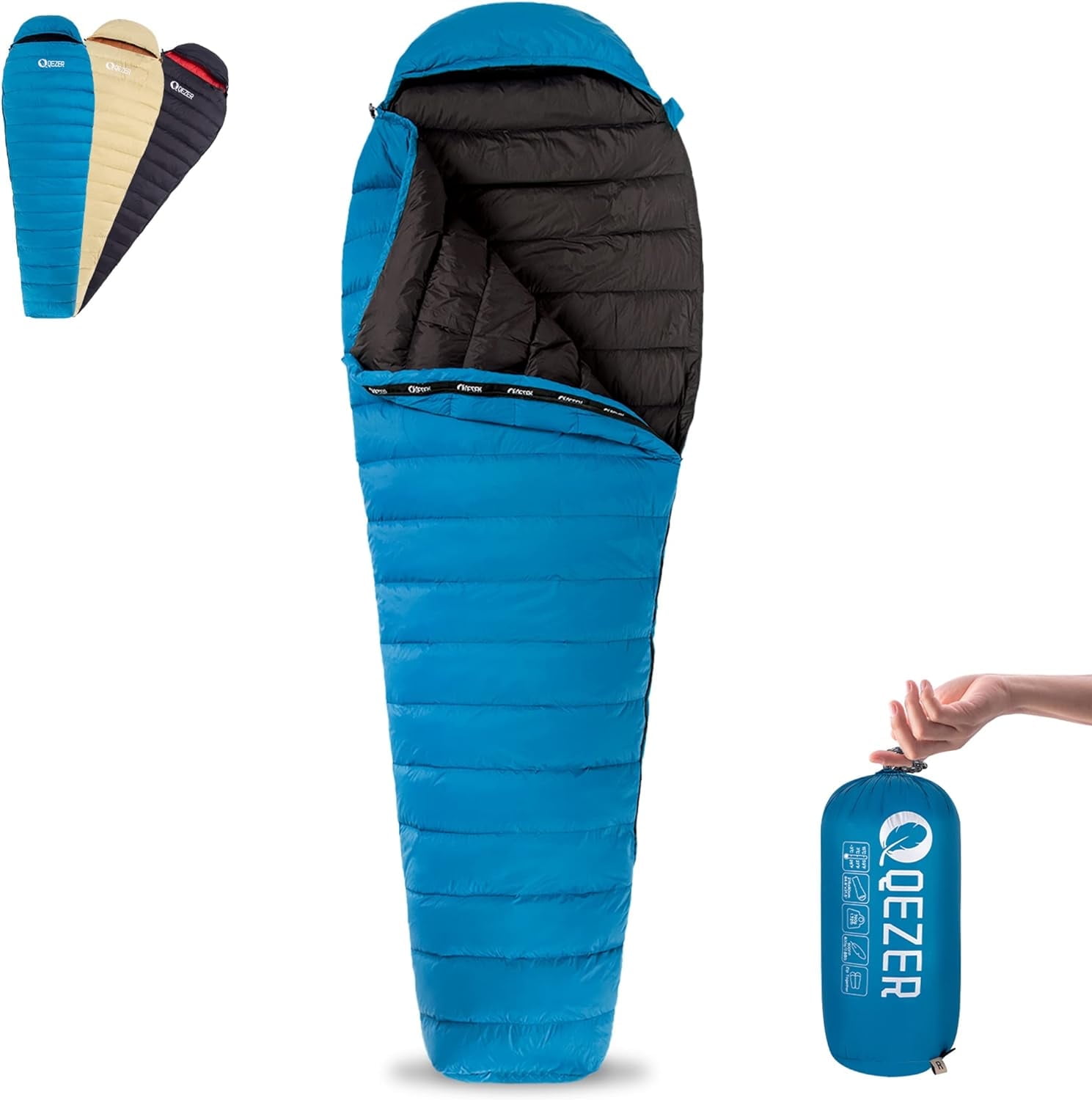 QEZER Ultralight Down Sleeping Bag for Adults 37-59 Degree F with Compression Sack for Backpacking, Hiking and Camping (Blue)