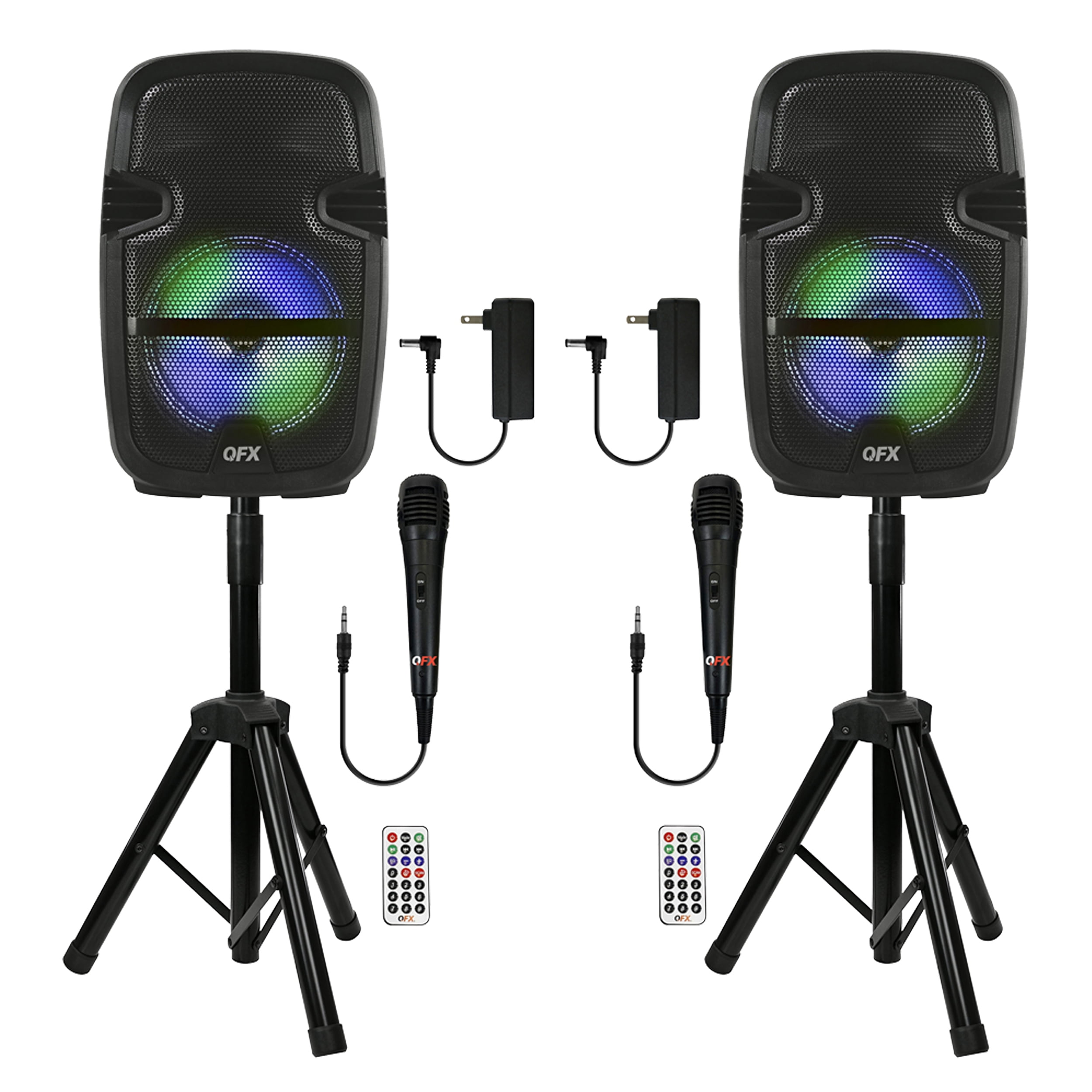QFX PBX-808TWS Dual 8-Inch Portable Bluetooth PA Speaker System with Stands, Wired Mics, Remotes, USB/FM/TWS/LED