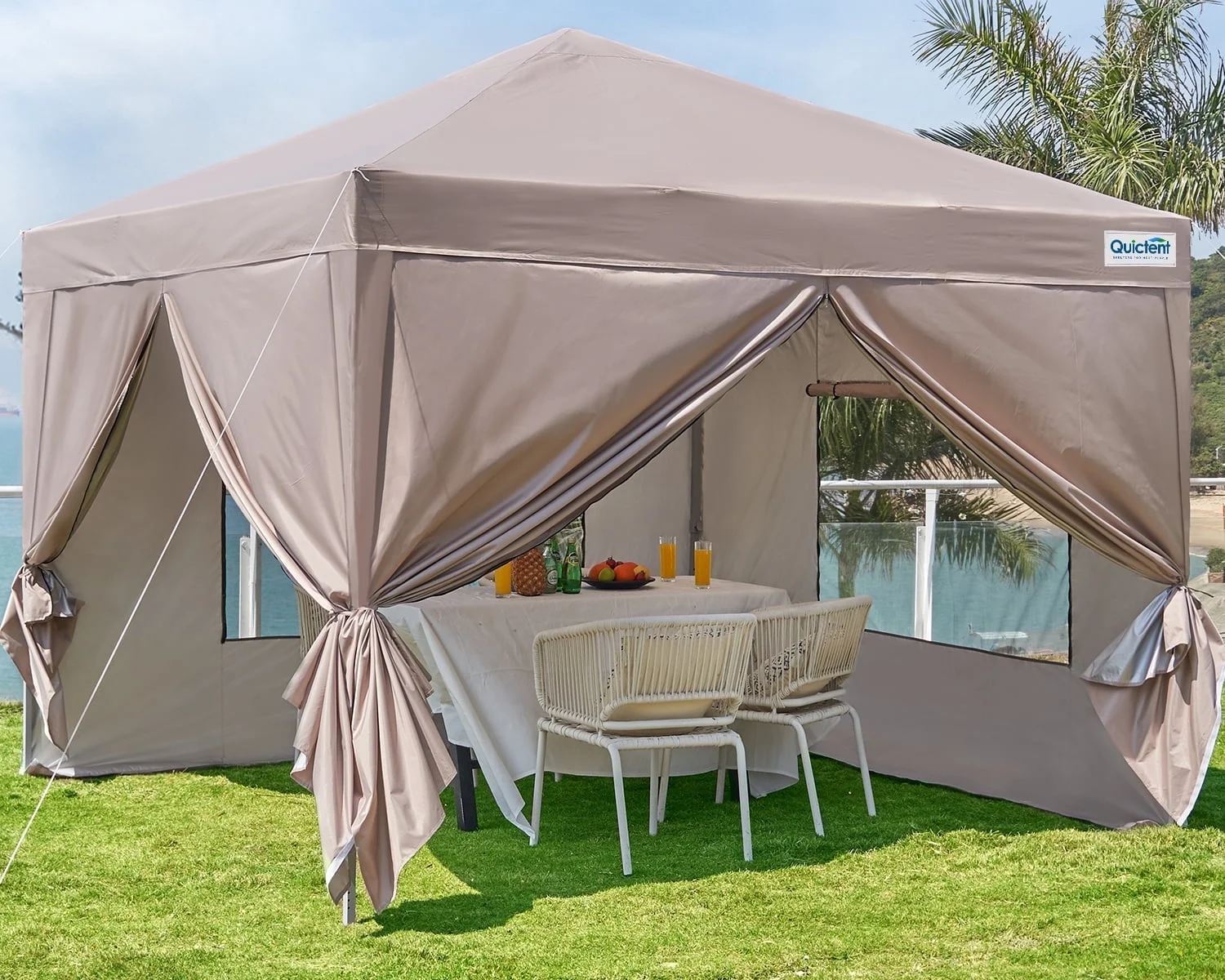 Quictent Privacy 8'x8’Pop up Canopy Tent with Sidewalls Enclosed Instant Gazebo Shelter Waterproof (Beige)
