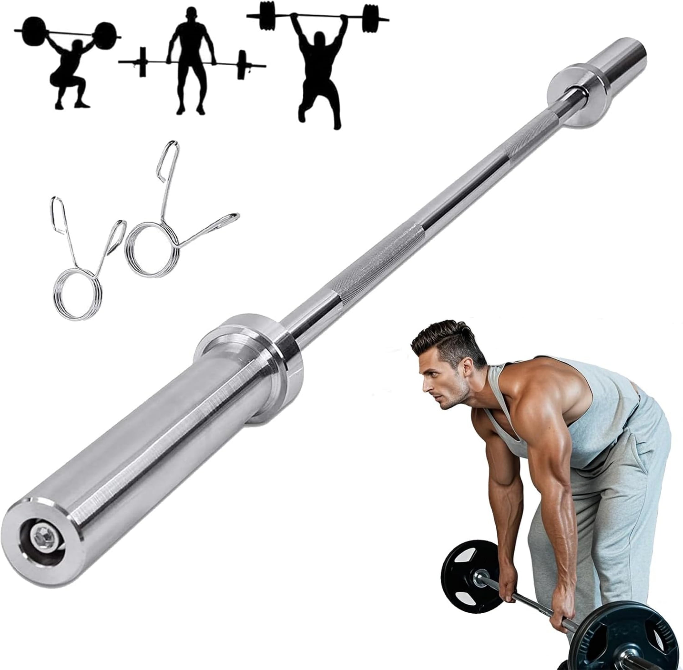 Qunbio 4ft Straight Barbell Bar, Solid Chrome Weight Bar with 2" Barbell Clamps