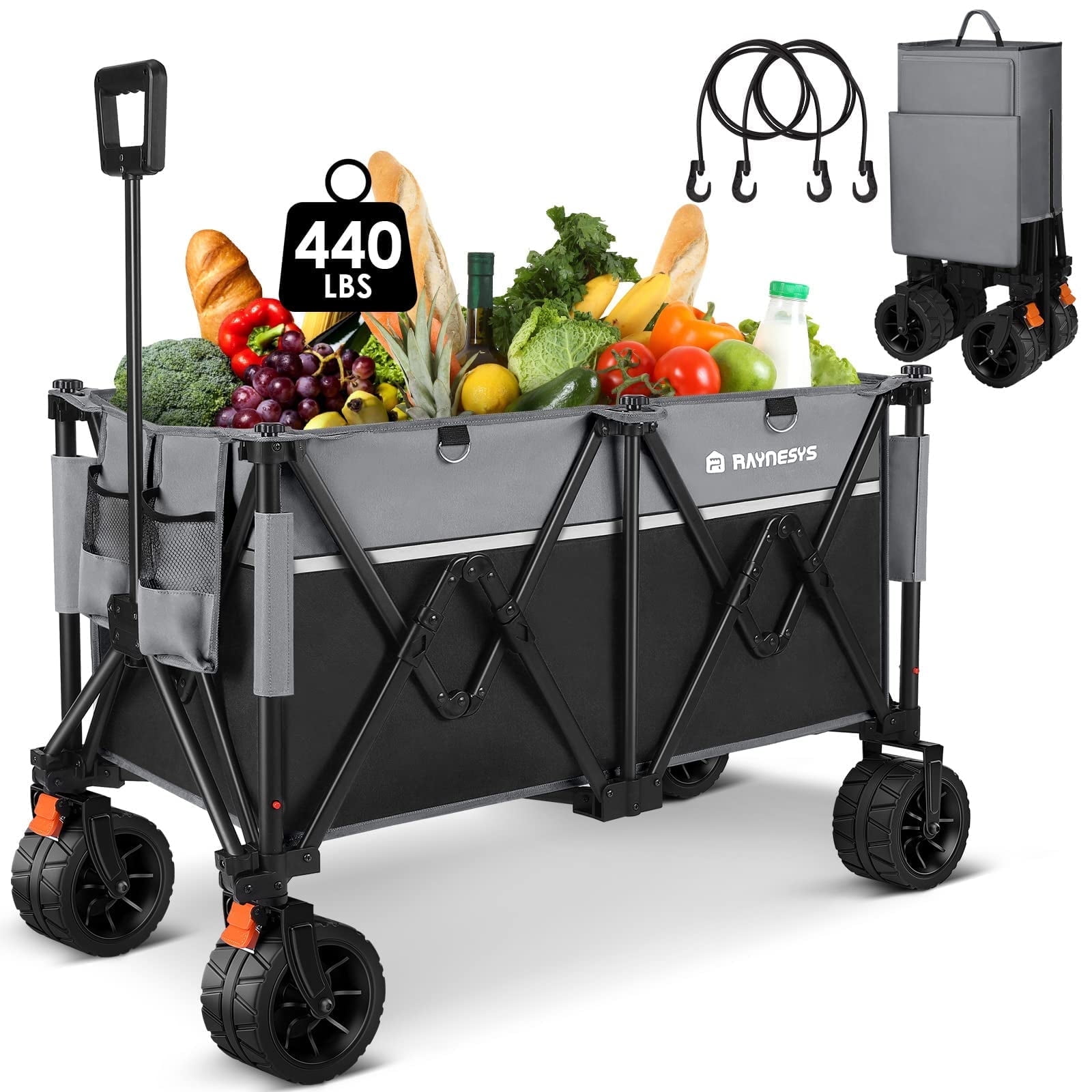 Raynesys Collapsible Wagon, 440LBS Large Heavy Duty Wagon Carts Foldable with Big All-Terrain Wheels, 200L Capacity Beach Cart for Outdoor Sports Shopping, Black & Gray