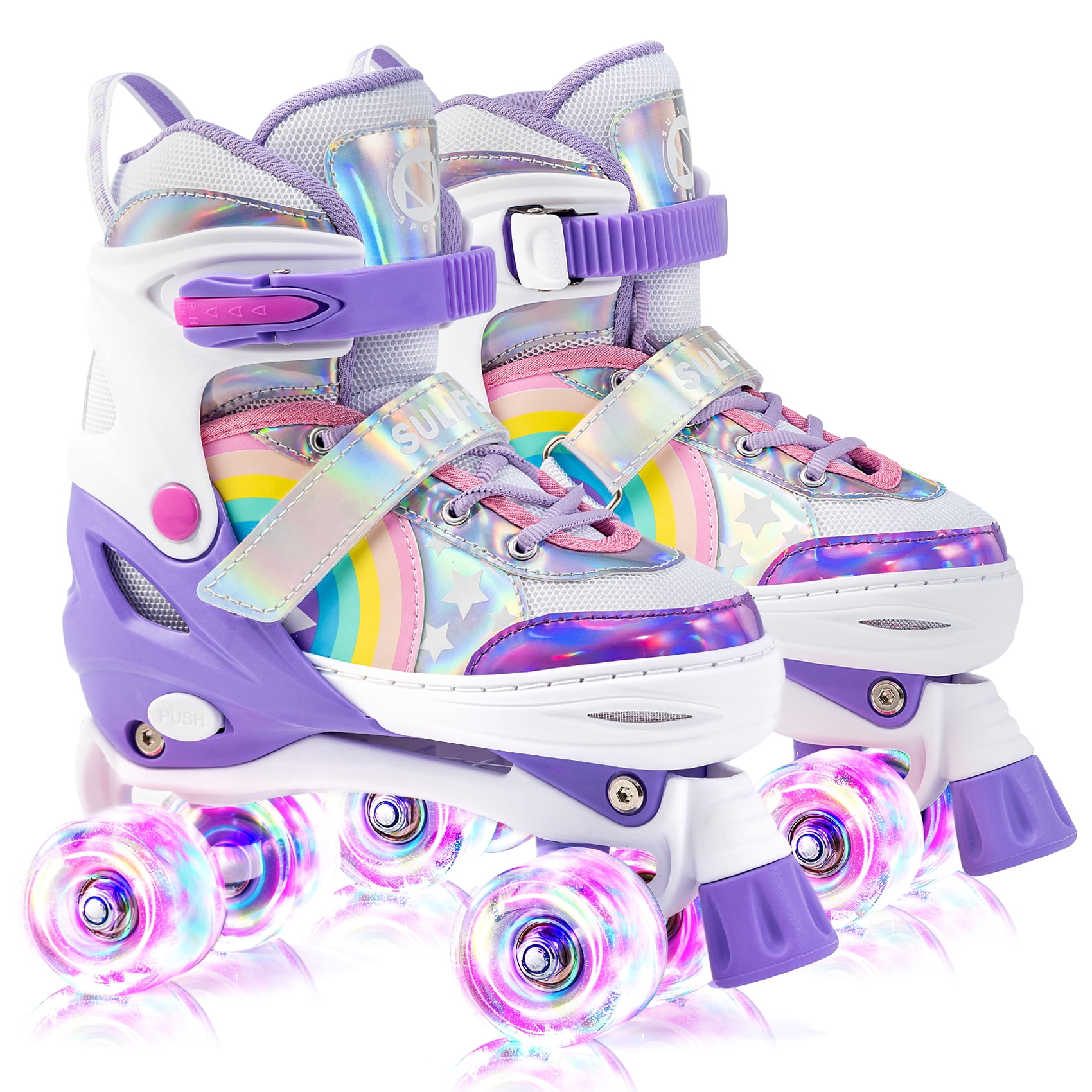 2PM SPORTS Rainbow Unicorn Adjustable Roller Skates for Kids with Light-Up Wheels for Girls and Boys, Medium Purple (1.5-5 US)