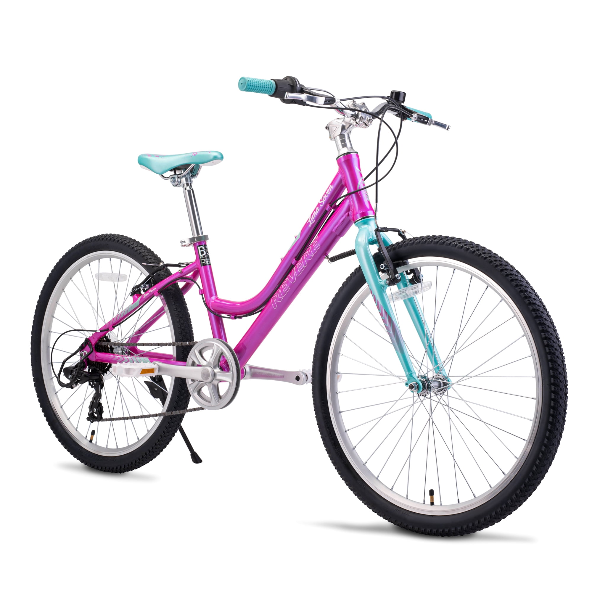 Revere Bicycles Kids and Adults 24" Girls 7-Speed Cruiser Children's Bicycle for Ages 7-11 Years Old. Lightweight Aluminum Frame and Fork, Easy to Ride! Pink