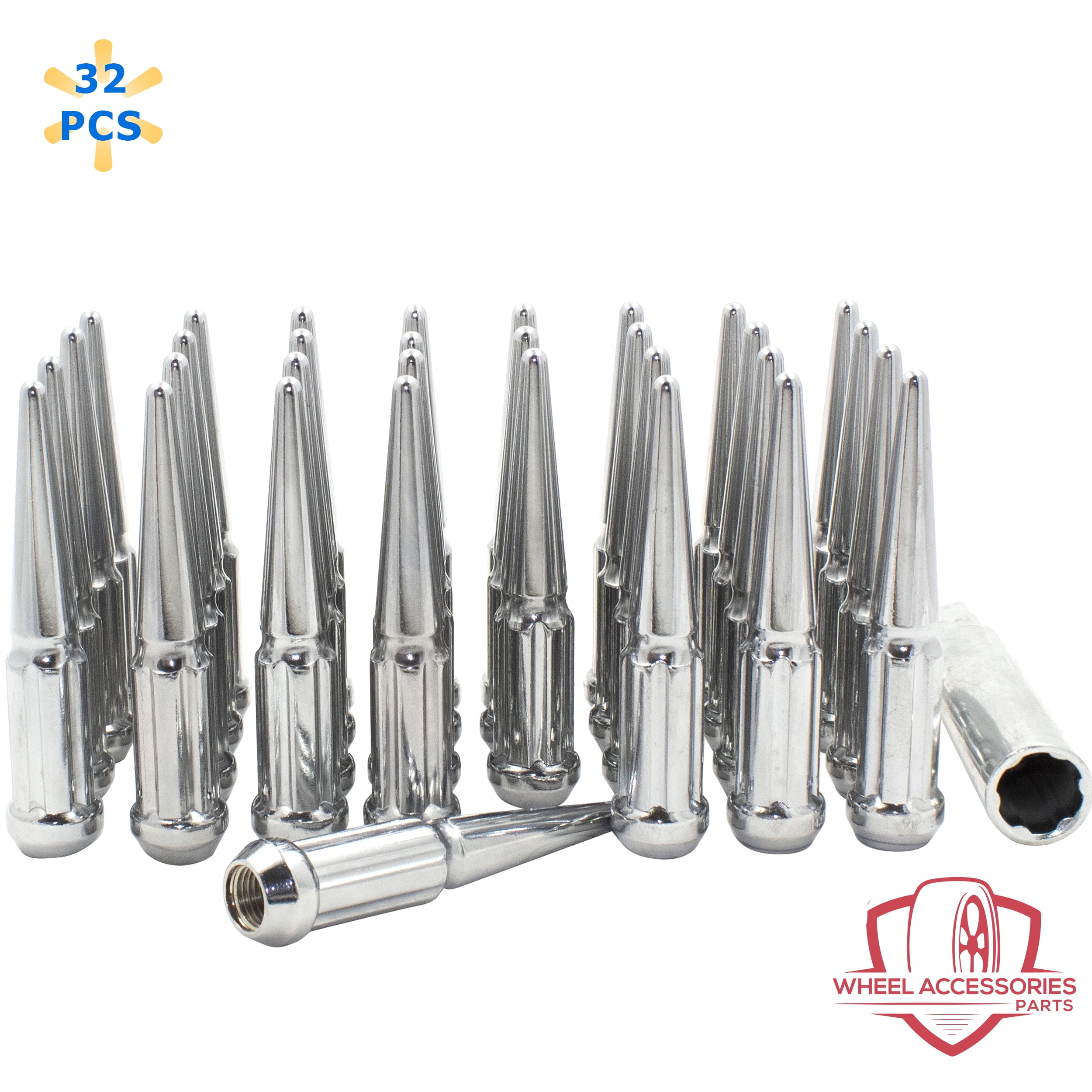 32 Pcs M14x1.5 14x1.5 Thread Spiked 4.4 Long Lug Nuts Chrome Truck Spline Fits 1999+ Chevy Silverado GMC Sierra 2500 3500 | Ford 2005+ F250 F350 | 2011+ Ram 2500 3500