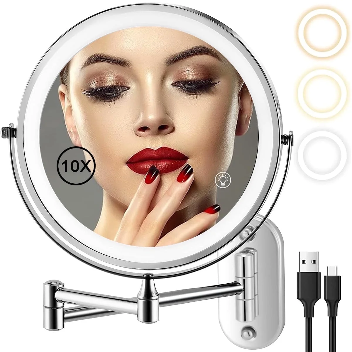 Fixdono Vanity Mirror with Lights, 8" Makeup Magnifying Mirror Double-Sided 1X/10X Magnifying- 3 Color Light, Touch Dimming, 360° Swivel, Extendable, Wall Mounted- Silver