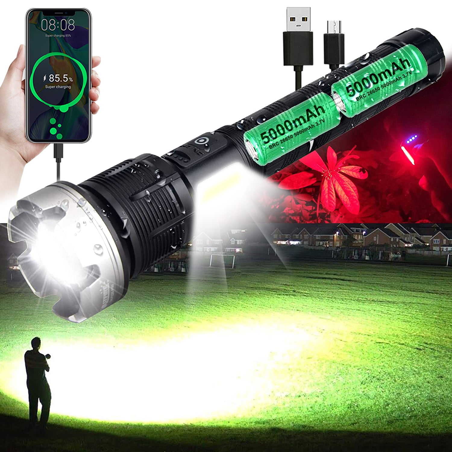 Rechargeable Flashlight High Lumens Zoomable Best Floodlight Spotlight Strobe Light Lanterns World's Brightest Flashlight for Outdoor Emergencies Camping Fishing Power Outage Cars