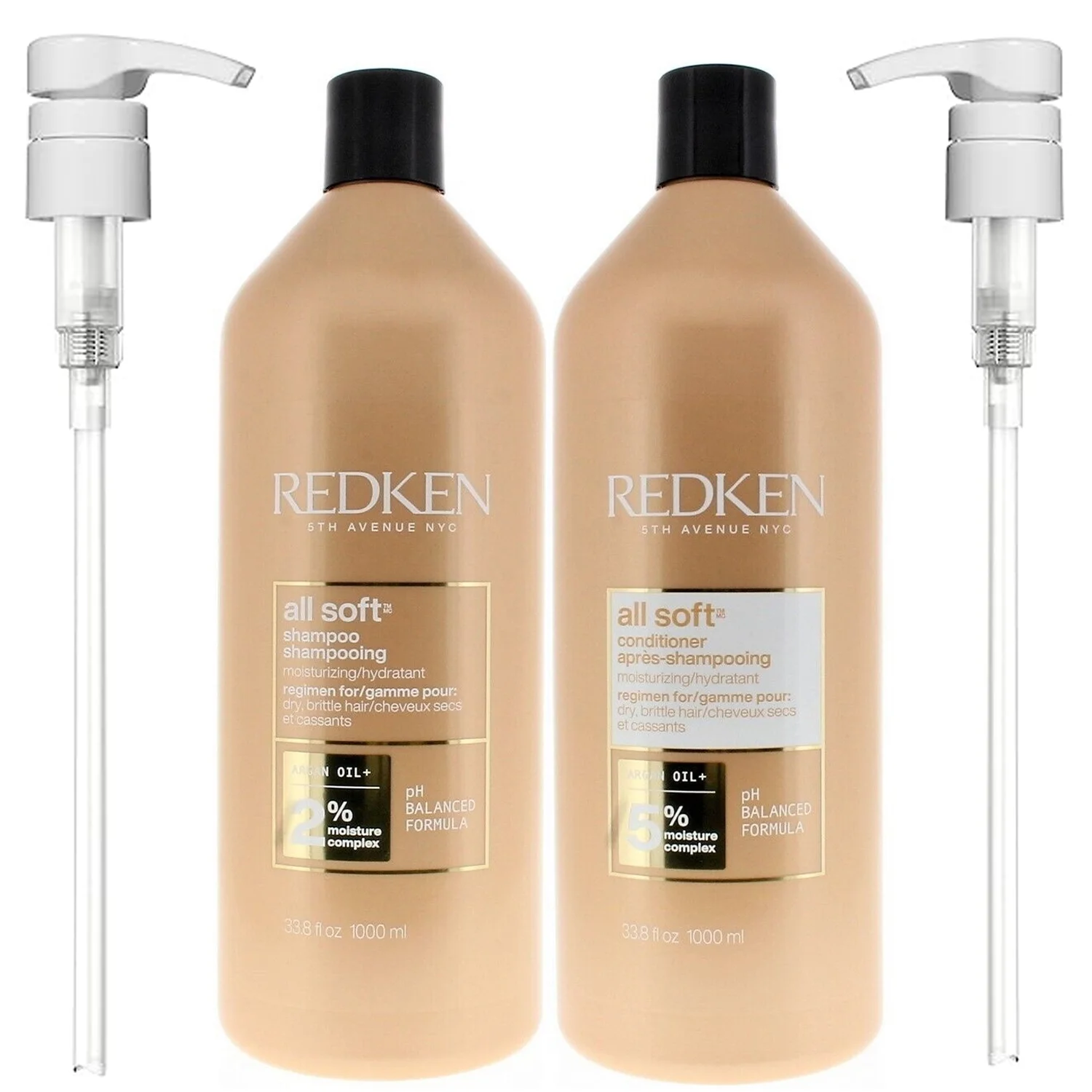 Redken All Soft Shampoo and Conditioner Set for Dry Brittle Hair 33.8 oz Each with Pumps