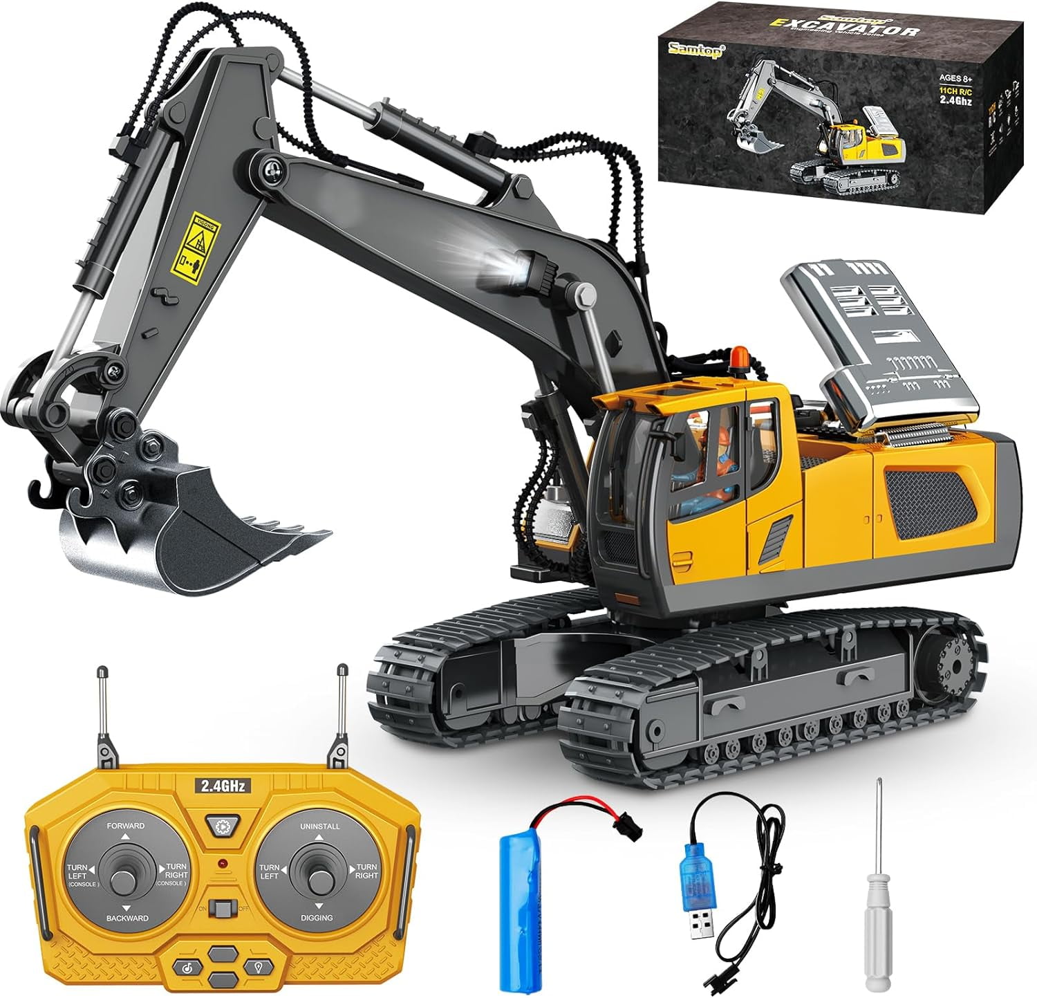 Remote Control Excavator Toys,11 Channel Rechargeable RC Construction Excavators Digger Vehicles Engineering Toys with Metal Shovel for Age 3 4 5 6 7 8 9 10+ Year Old Kids