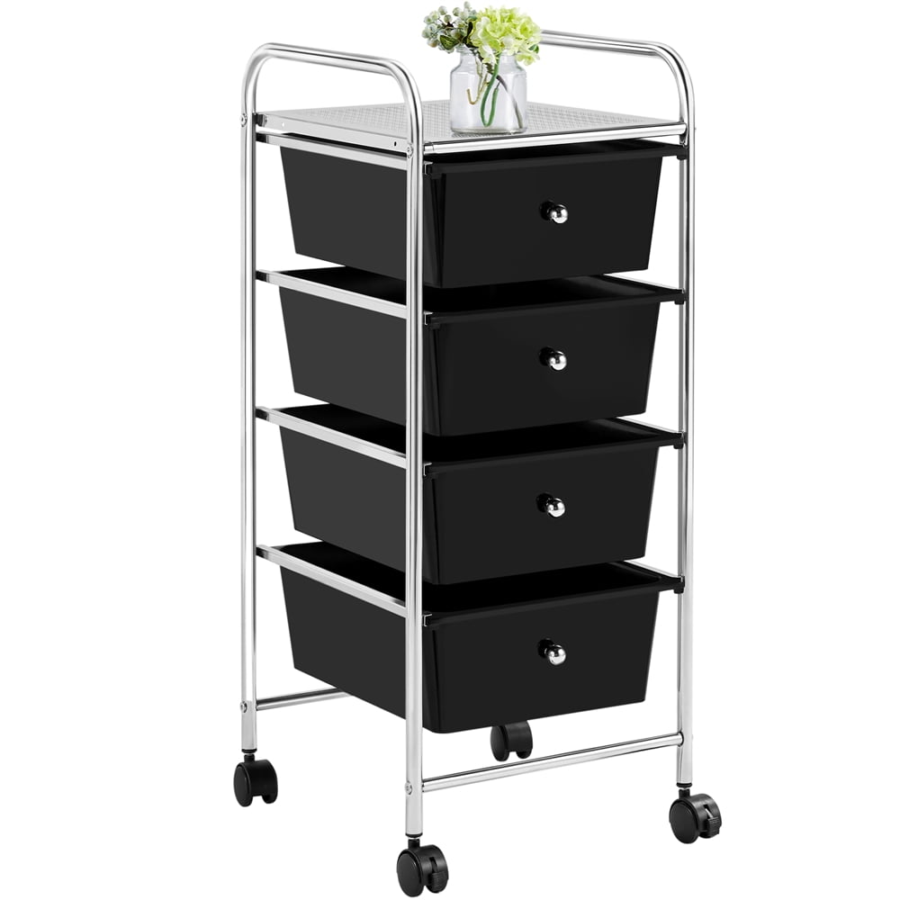 Renwick Rolling Trolley Storage Cart Bin with 4 Plastic Drawers on Wheels, Black