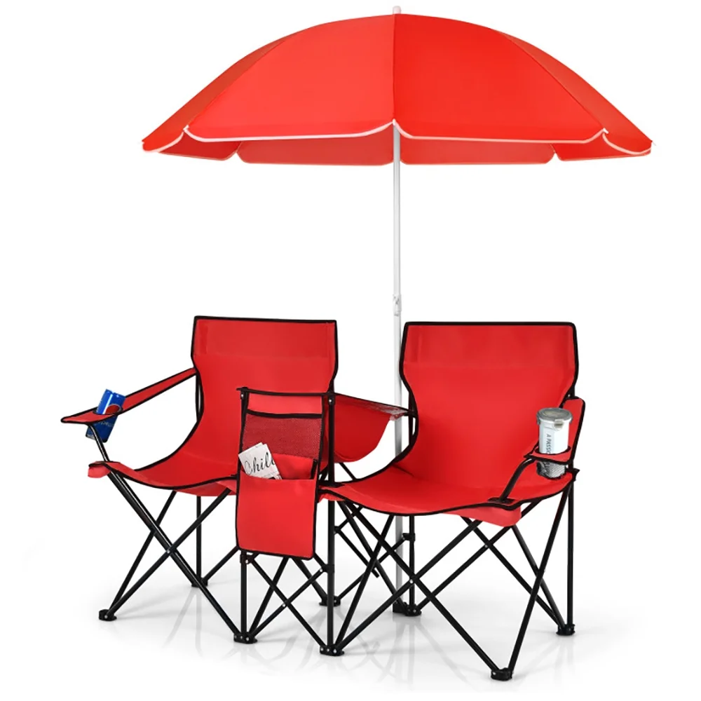 Resenkos Portable Folding Picnic Double Chair With Umbrella-Red，Portable Folding Picnic Chair for Beach, Camping