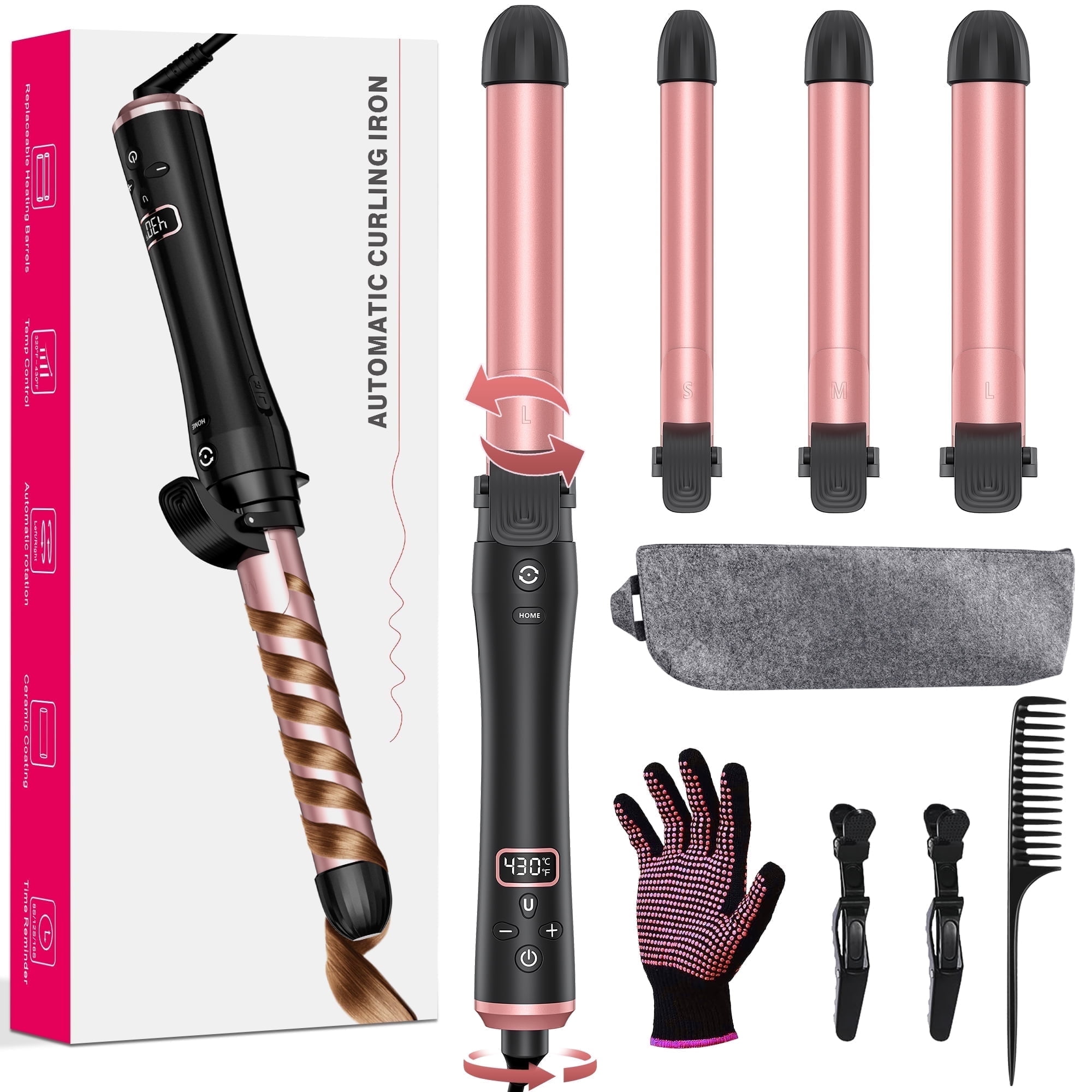 RACCOMB 0.75" 1" 1.25" Auto Rotating Curling Iron, 320°F to 430°F, 100-240V, for Waves, Beach Curls