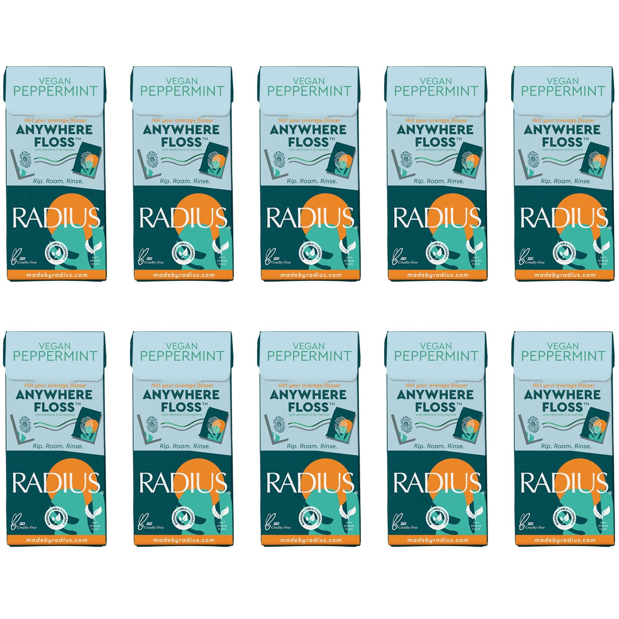 RADIUS Vegan Peppermint Anywhere Floss Travel Dental Floss for Oral Care Boost Non Toxic Tooth & Gum Protection (20 Single Use Flossers per Pack) - Pack of 10