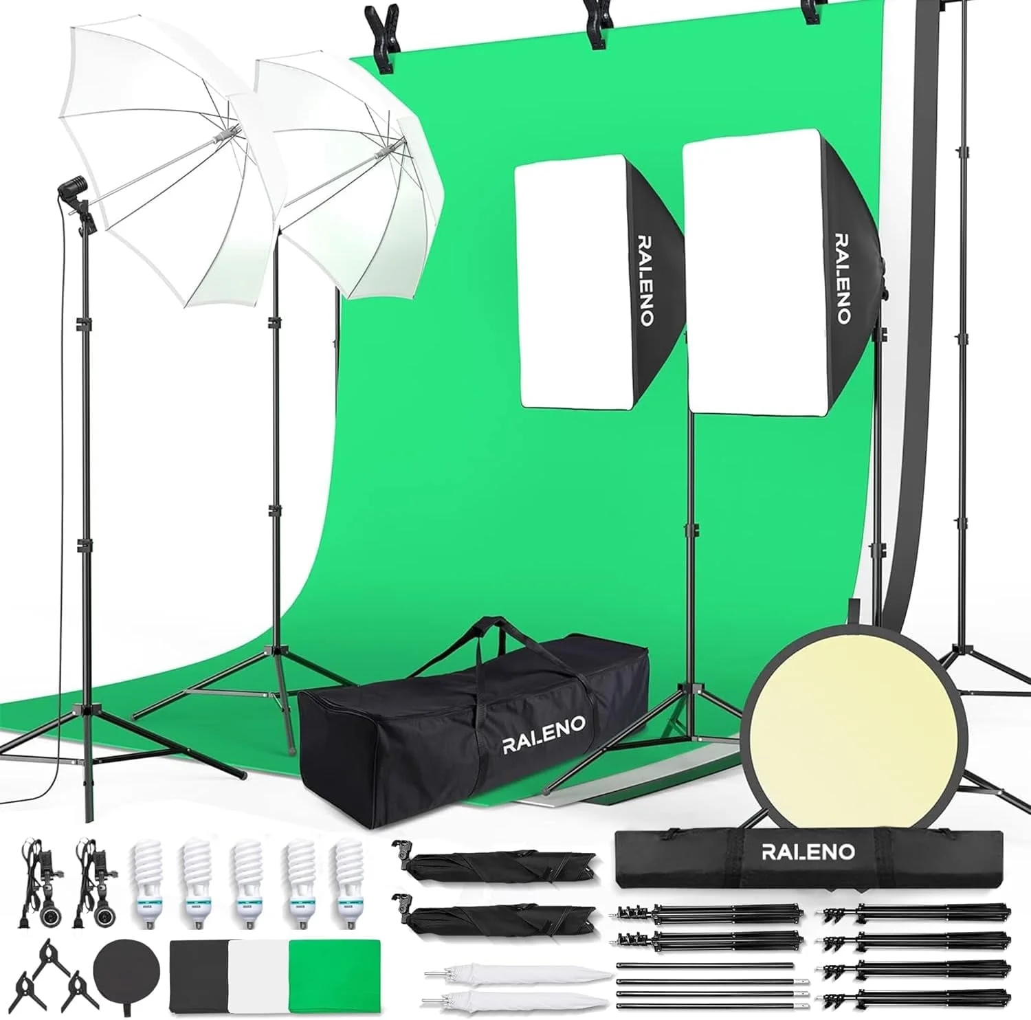 RALENO Photography Lighting Kit, 8.5 x 10ft Backdrop Stand with Green Screen, 5 x 85W CFL 5500K Light Bulb with Umbrellas for Product, Portrait and Video Shoot Photography