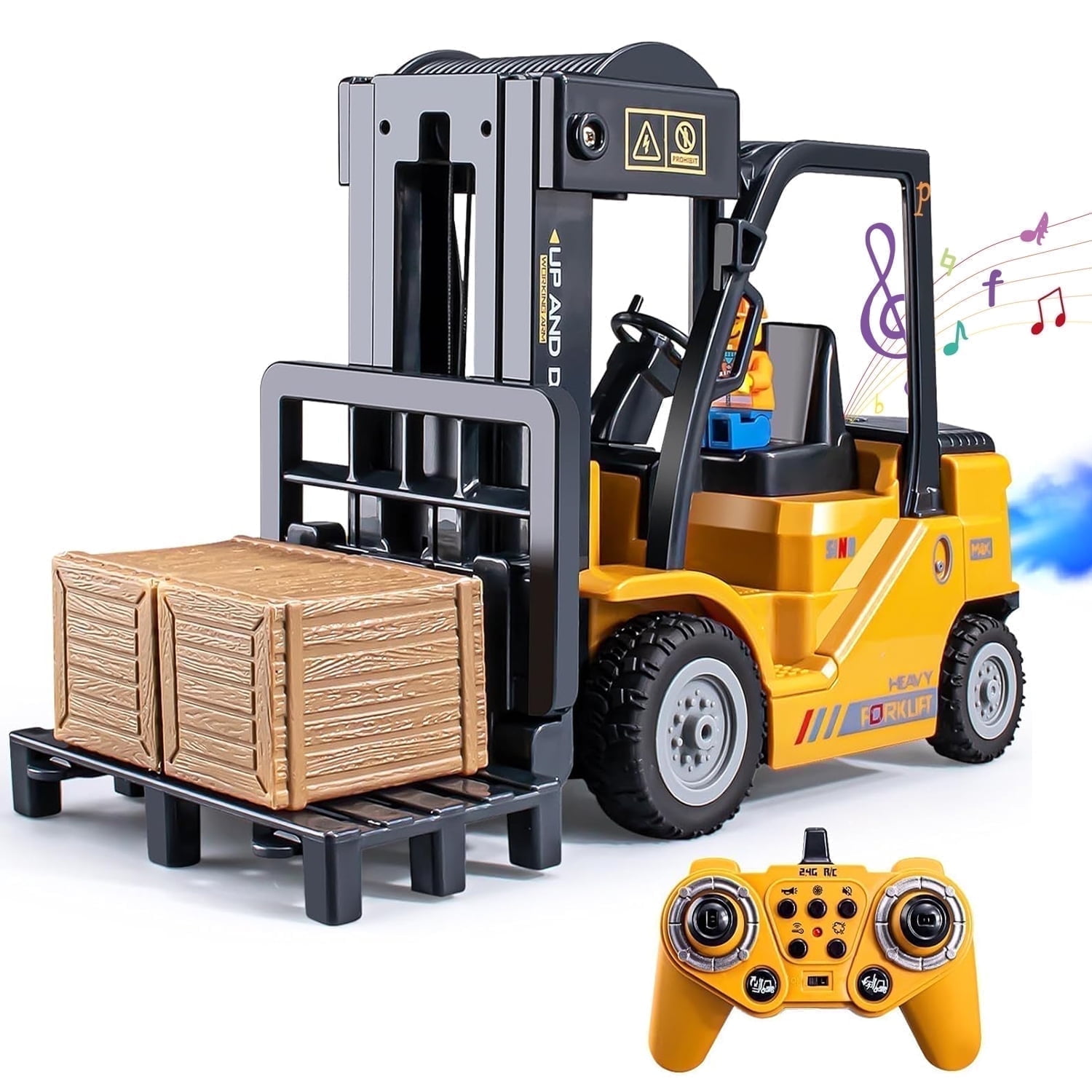 RC Forklift Truck, Remote Control Crane, Full Function Forklift RC Construction Toys Car, 2 Batteries, Spray, Light, Fork Crane Truck Toy Gift for Kids 6+