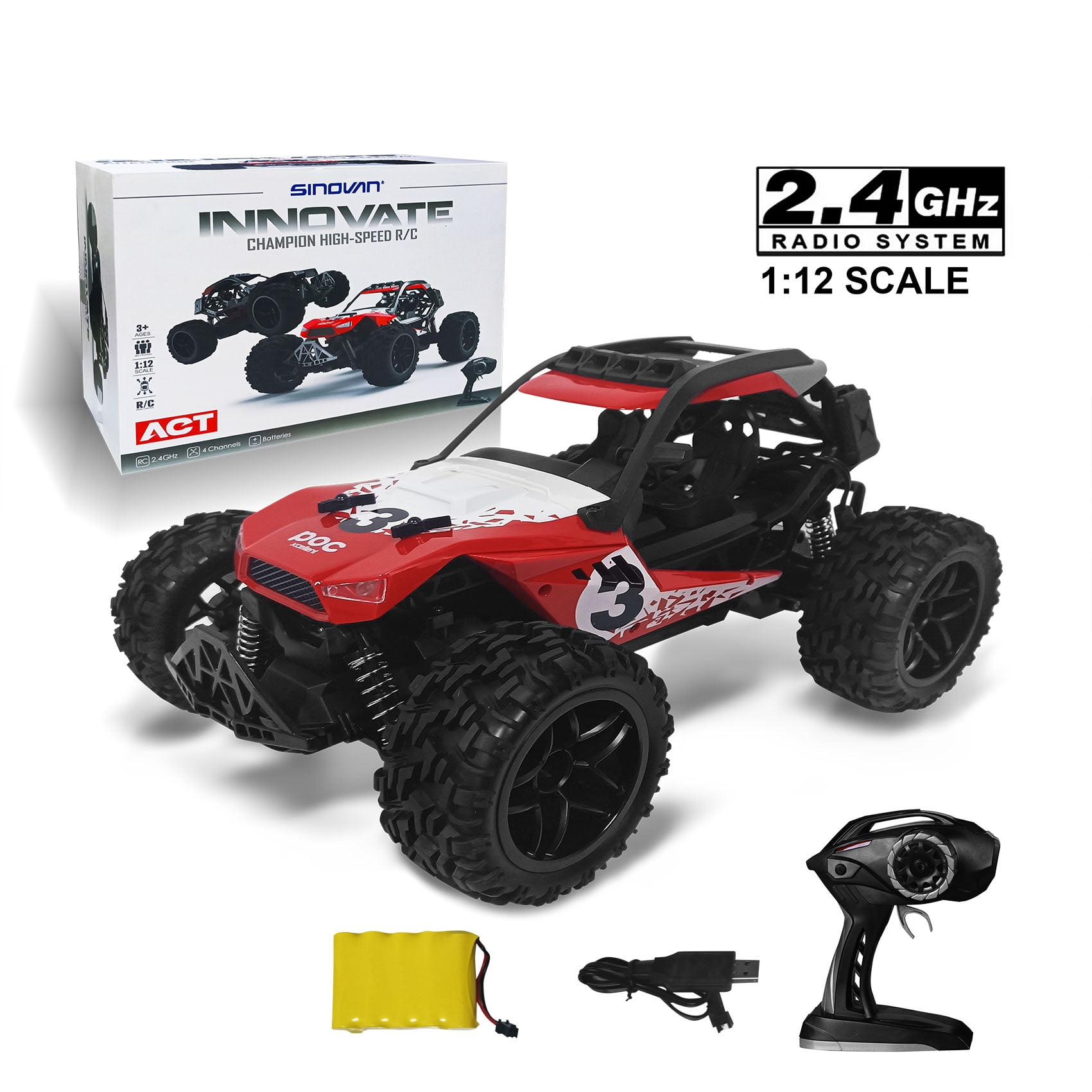 RC Racing Car, 2.4Ghz High Speed Remote Control Car, 1:12 2WD Toy Cars Buggy for Boys & Girls with Two Rechargeable Batteries for Car, Gift for Kids (Red and White)