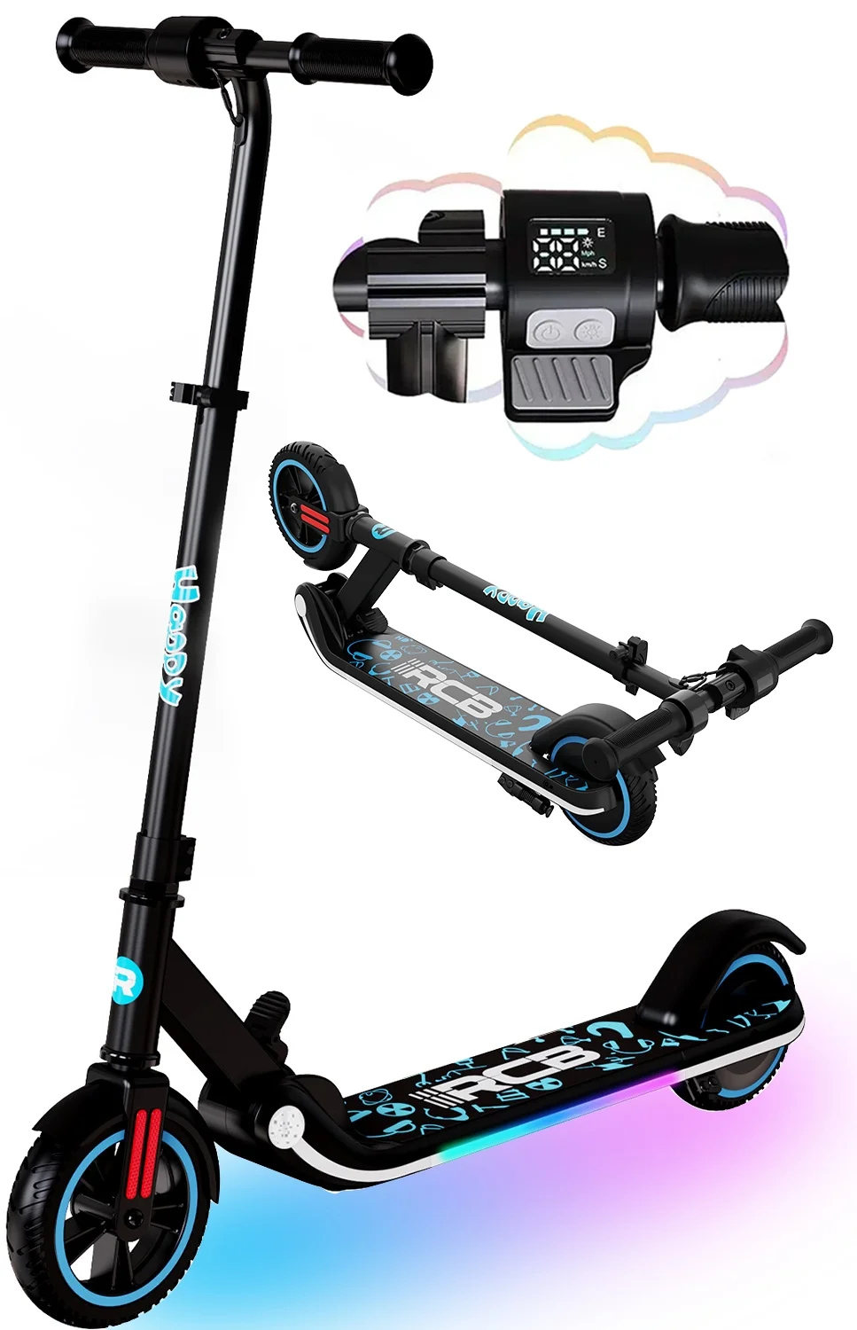RCB Electric Scooter for Kids Ages 6-12, 200w, up to 10 Mph, Colorful Rainbow Light, Adjustable Speed &Height,Black