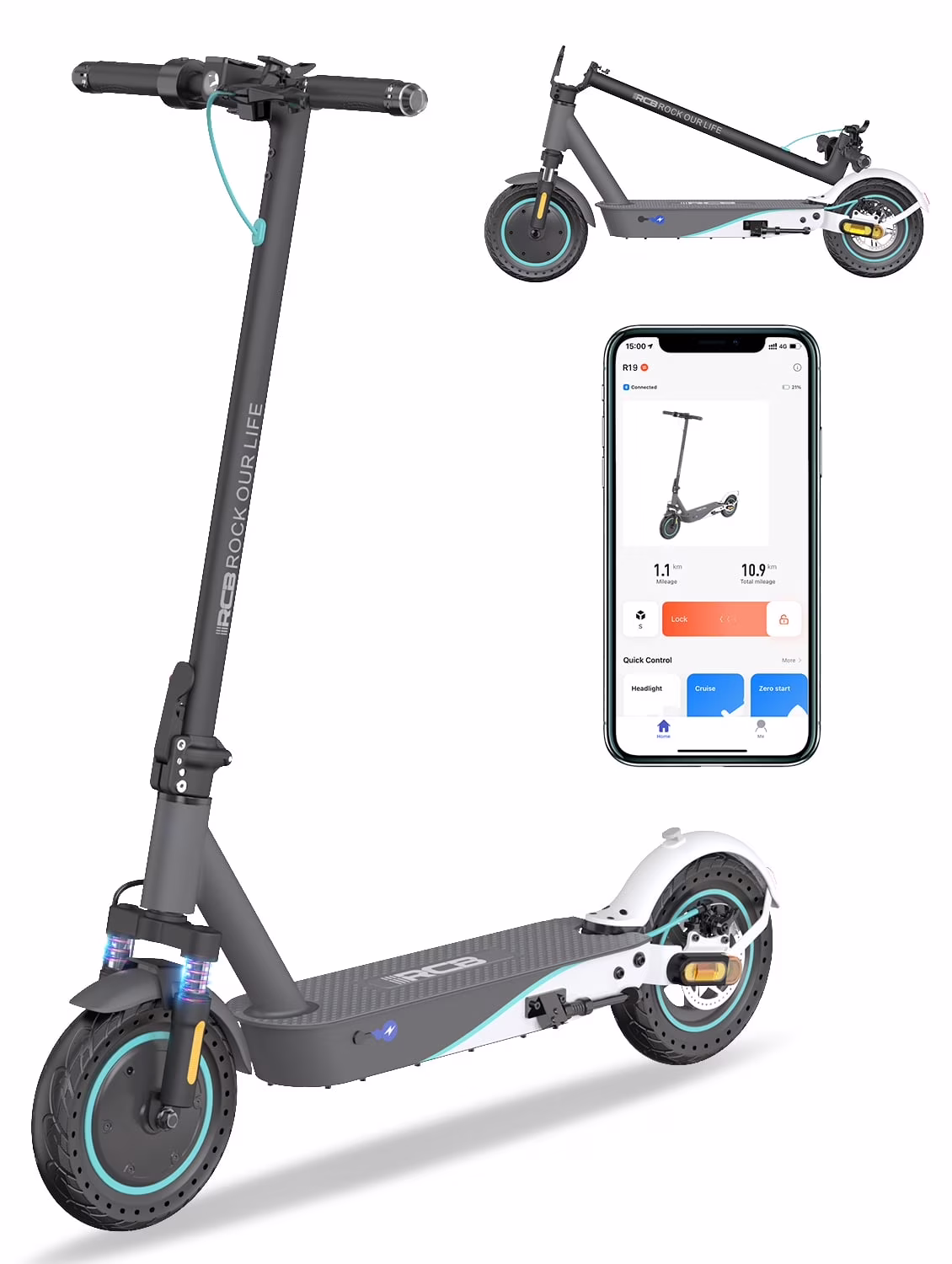 RCB R12Pro Electric Scooter for Kids,Max Speed 12 mph,10 Miles Range,Rainbow LED Lights&Display,Foldable&Portable,Black