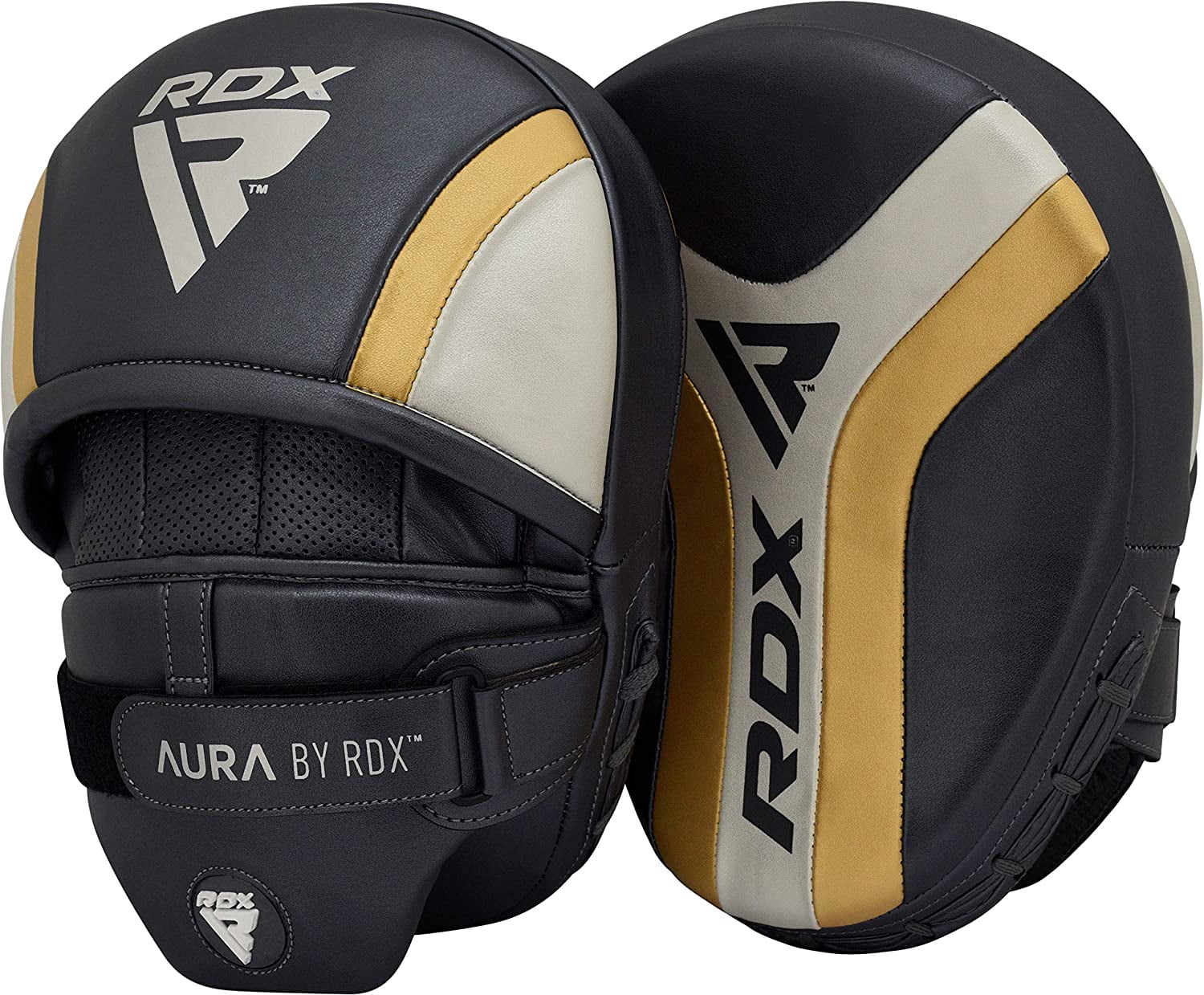 RDX Focus Boxing Punch Mitts, Punching target Leather Curved Hand Pad with Adjustable Strap, Hook and Jab Strike Shield for MMA, Golden