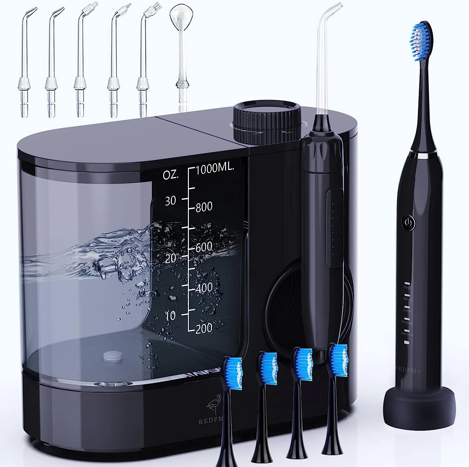 REDFMG Water Flosser & Electric Toothbrush Set - 1000ML Detachable Water Tank Electric Water Toothbrush ,7 Jet Tips & 4 Brush Heads, IPX6 Waterproof